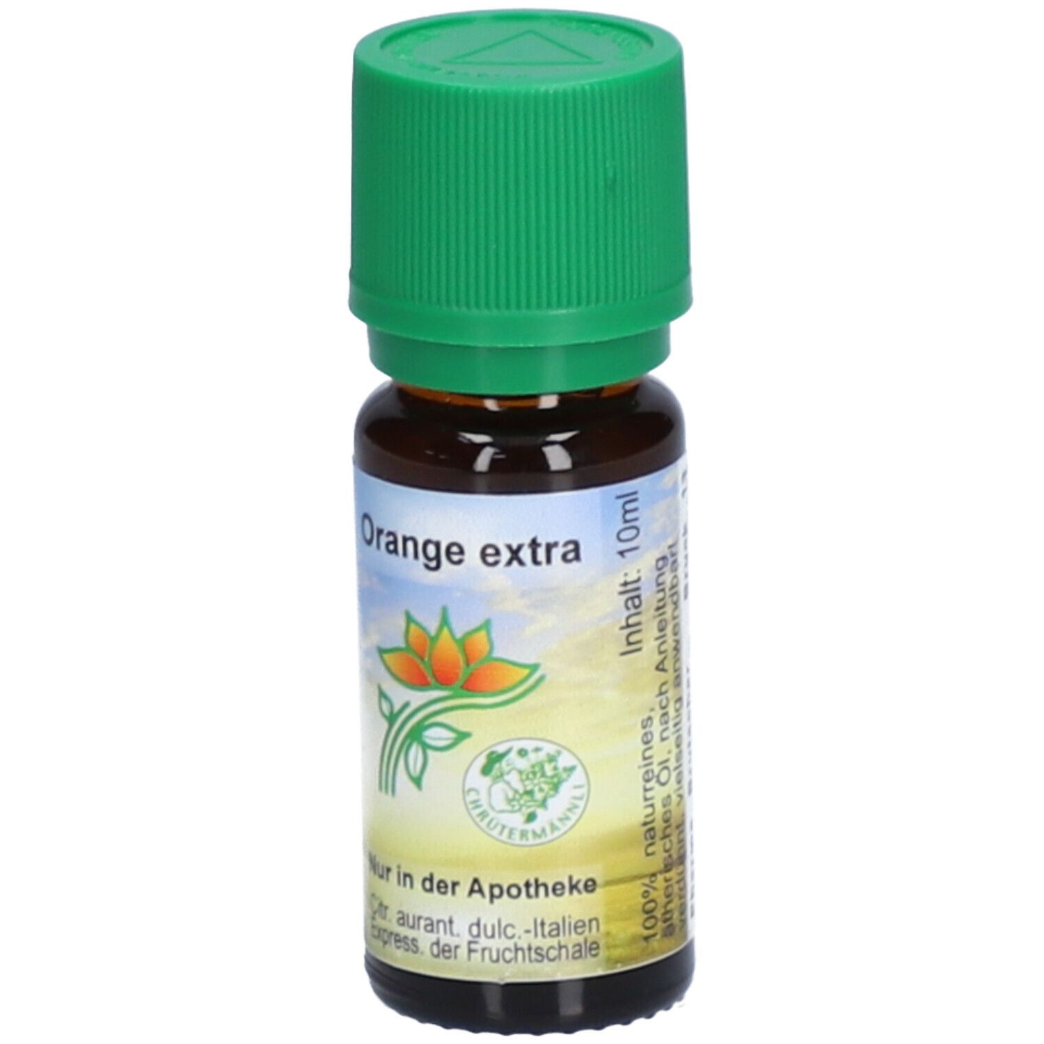 Braune Glasflasche mit grünem Deckel. Aufschrift "Orange extra". Inhalt: 10ml. Logo mit Blüte. Nur in der Apotheke.