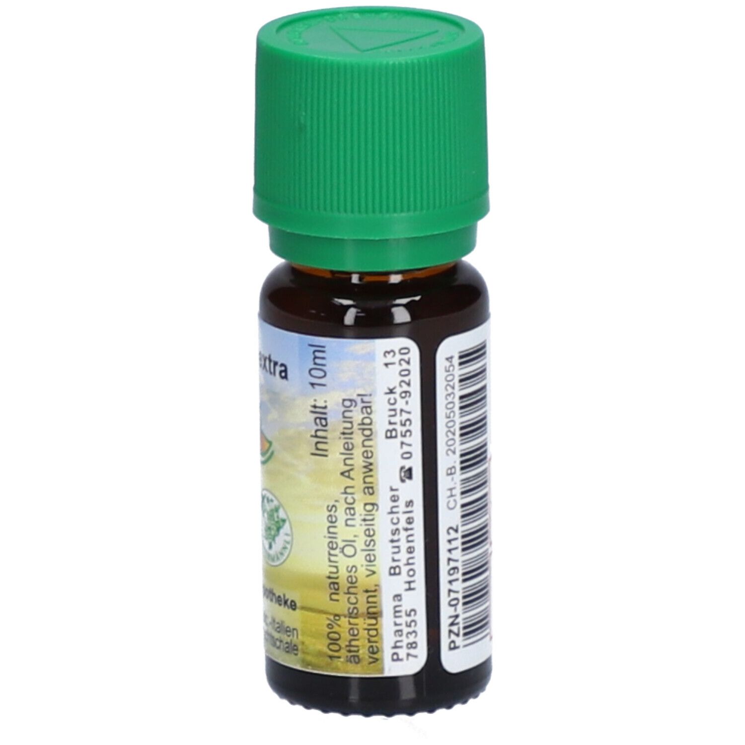 Braune Glasflasche mit grünem Deckel. Aufschrift "Orange extra". Inhalt: 10ml. Adresse. Nur in der Apotheke.