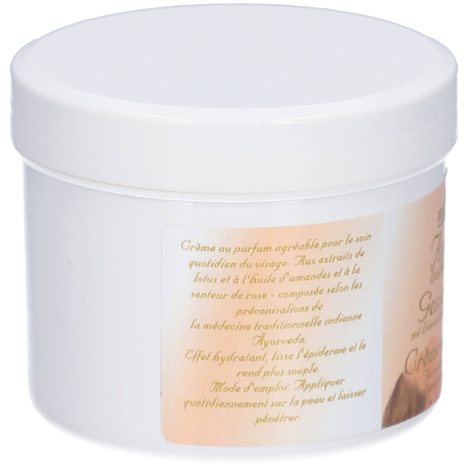 Weißer Tiegel mit Deckel. Etikett mit Text: Crème au parfum agréable pour le soin quotidien du visage.