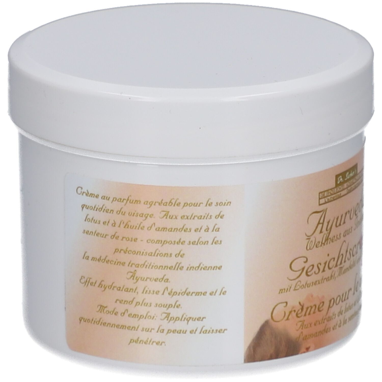 Weißer Tiegel mit Deckel. Etikett mit Text: Crème au parfum agréable pour le soin quotidien du visage.