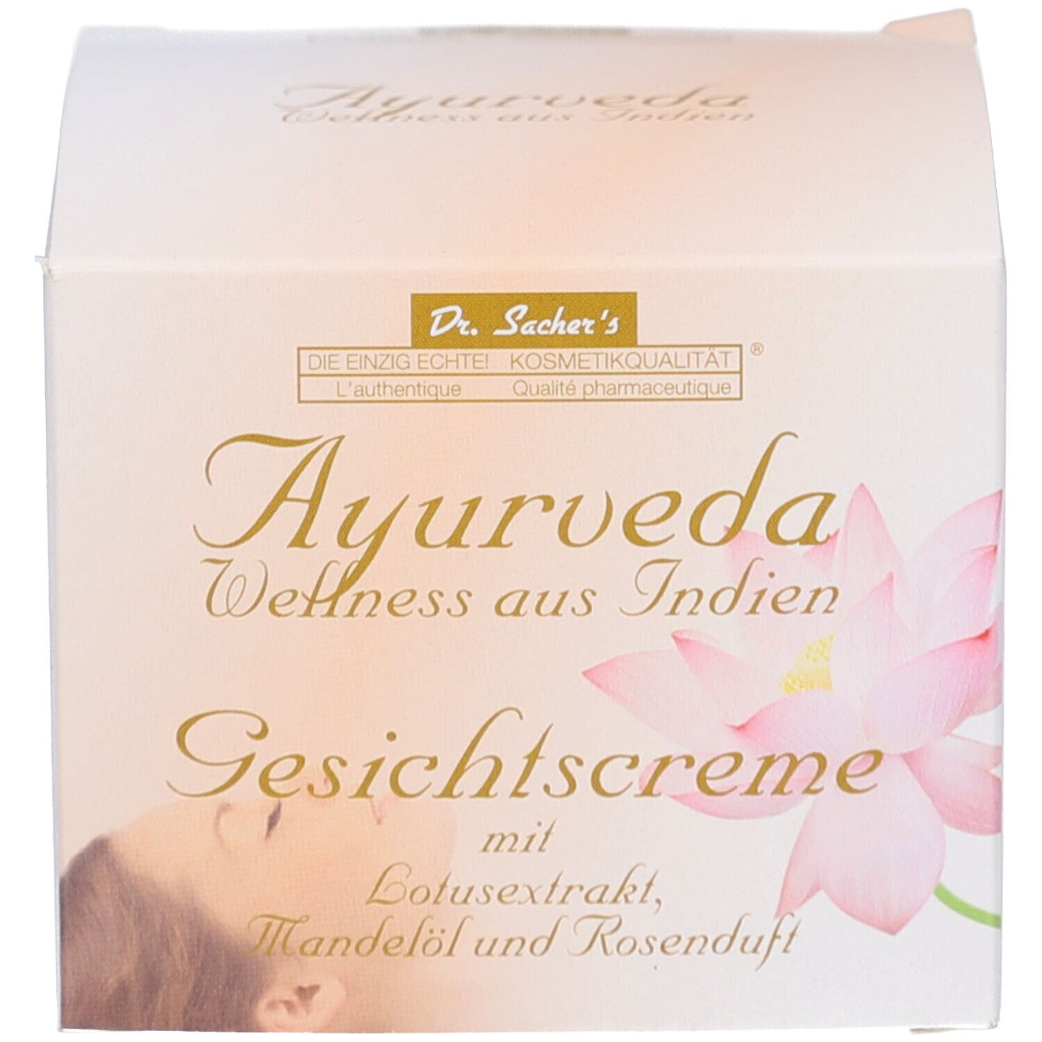 Kartonverpackung. Aufdruck: Dr. Sacher's Ayurveda Wellness aus Indien Gesichtscreme mit Lotusextrakt, Mandelöl und Rosenduft.