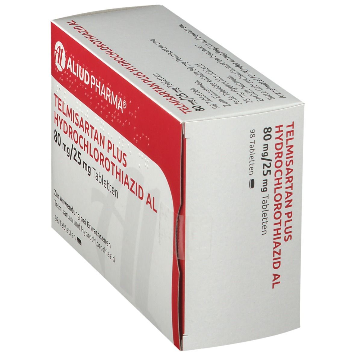 Schachtel mit Telmisartan Plus Hydrochlorothiazid AL 80 mg/25 mg Tabletten. Rote und weiße Verpackung, AL-Logo, 98 Tabletten.