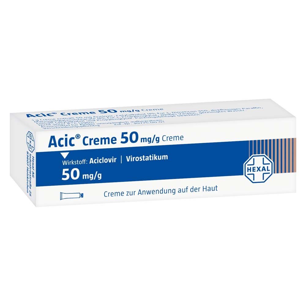 Weiße Schachtel mit blauer Schrift und dem Logo von Hexal. Aufschrift: Acic Creme 50 mg/g Creme, Wirkstoff: Aciclovir.