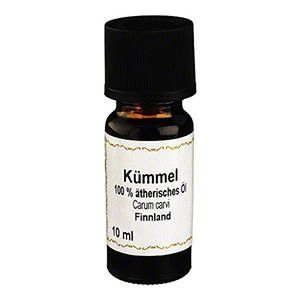 Braune Glasflasche mit schwarzem Deckel und Etikett. Beschriftung: Kümmel, 100% ätherisches Öl, 10 ml.