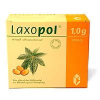 Karton mit Laxopol Kapseln. Aufschrift: 1,0 g, Pflanze, Siegel. Orangefarbener Streifen mit Logo.