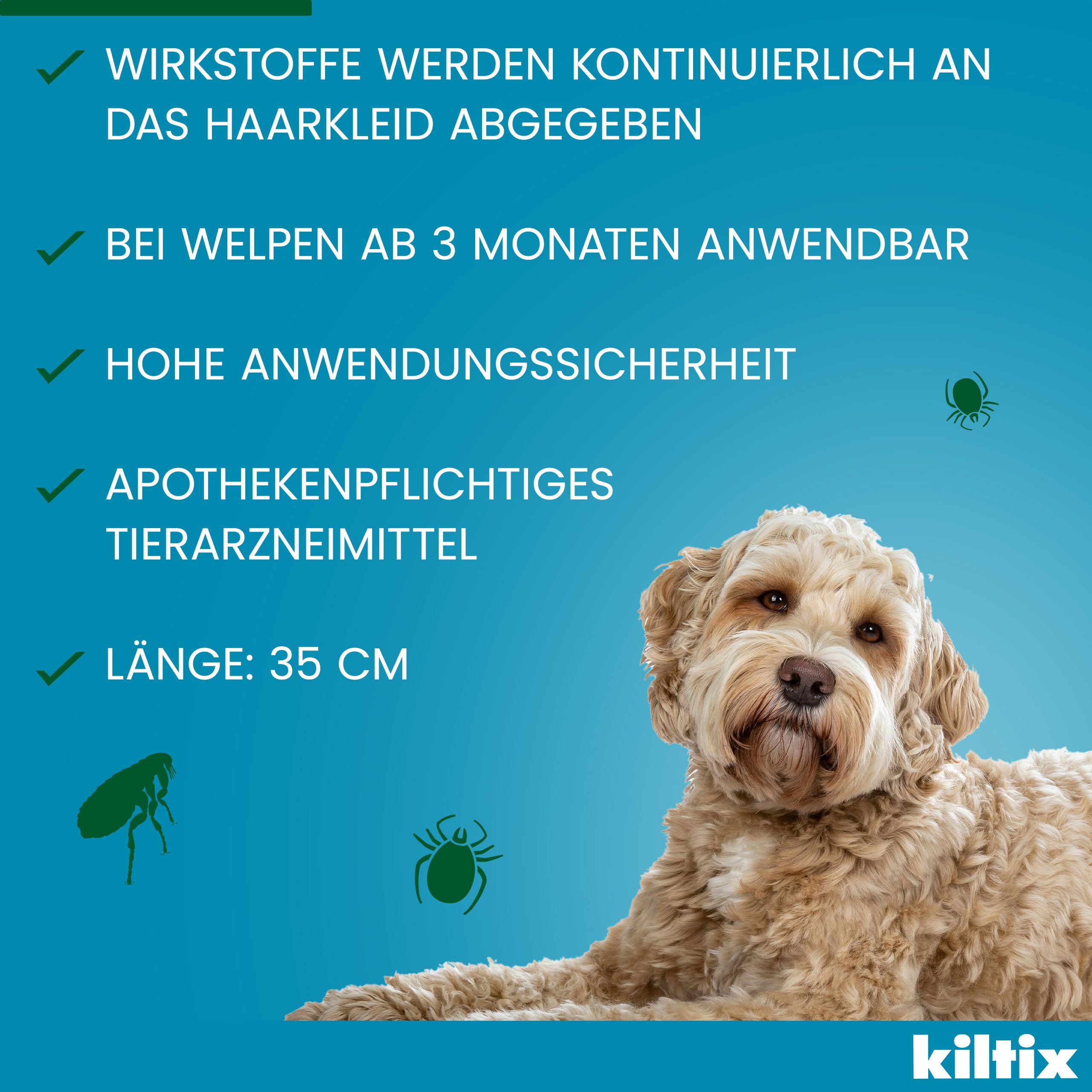 Blauer Hintergrund mit Hund. Text: Wirkstoffe werden kontinuierlich abgegeben. Bei Welpen ab 3 Monaten anwendbar. Länge: 35 cm.