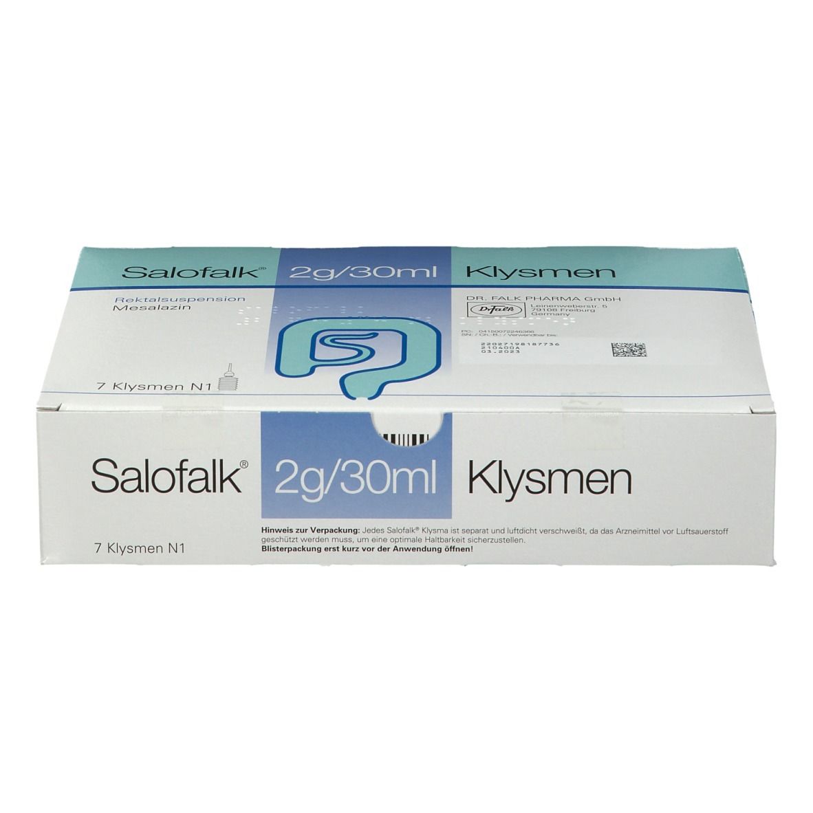 Salofalk Klysmen 2g/30ml Schachtel, mit Logo und Dosierungsangabe.
