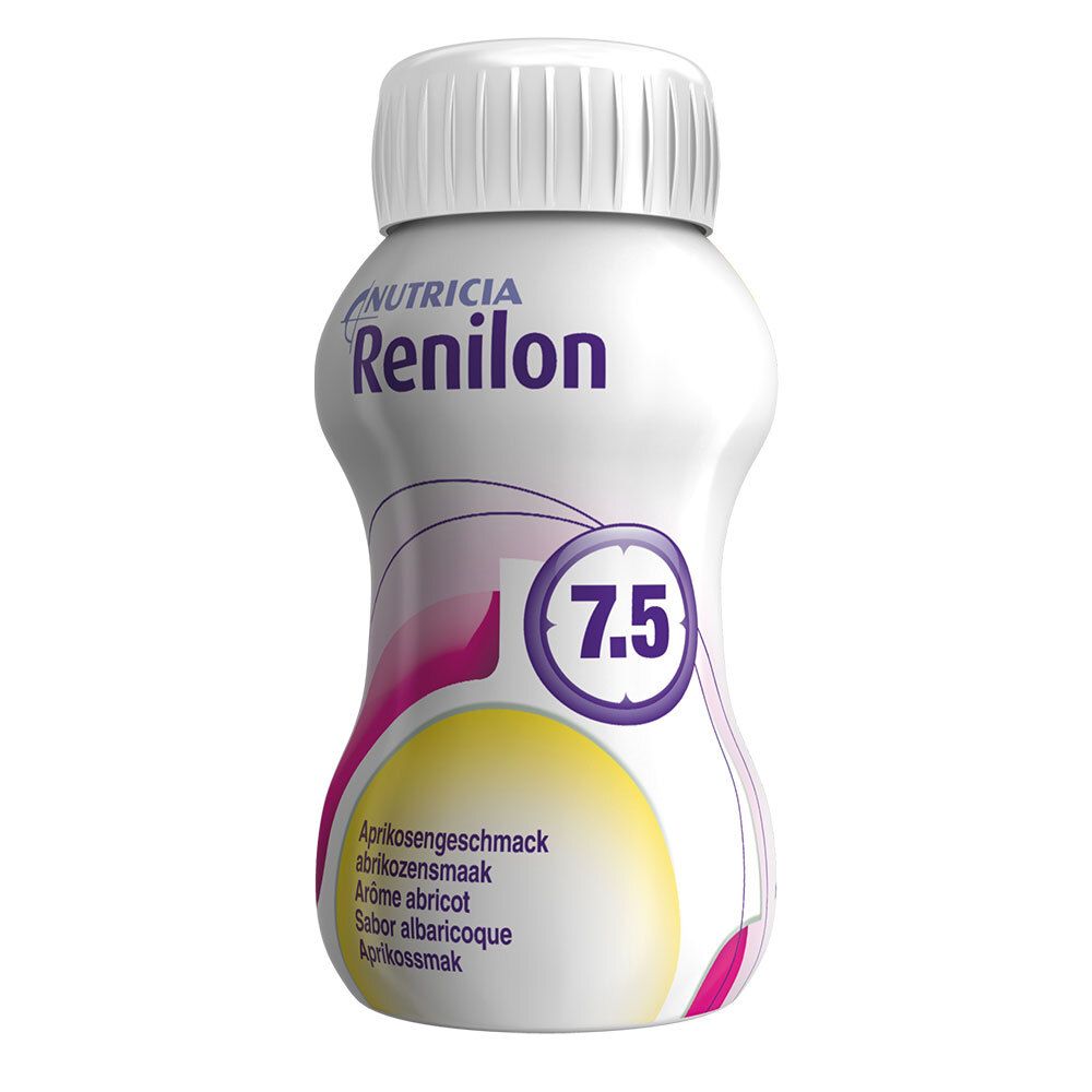 Weiße Flasche mit Schraubverschluss. Aufschrift Renilon 7.5. Geschmack Aprikose. Marke Nutricia.