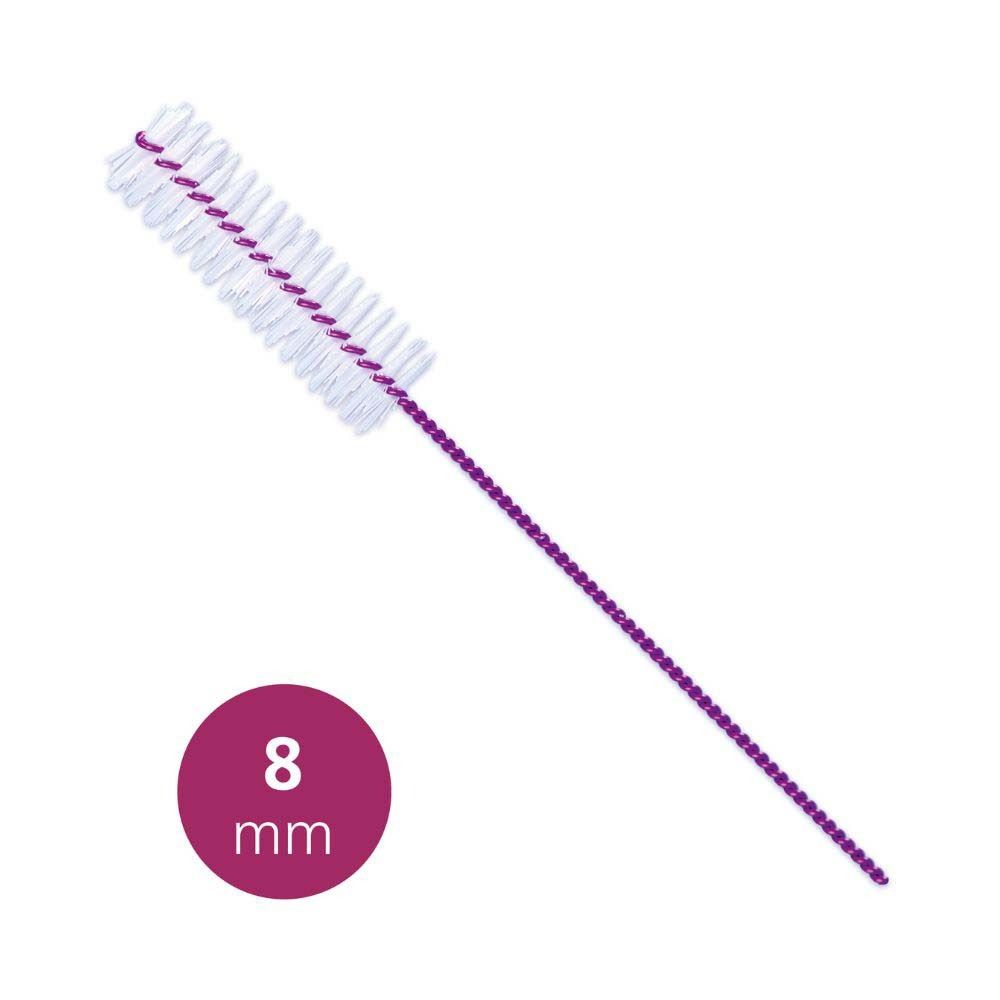 Interdentalbürste mit violettem Griff und weißen Borsten. Auf einem runden Etikett: 8 mm.