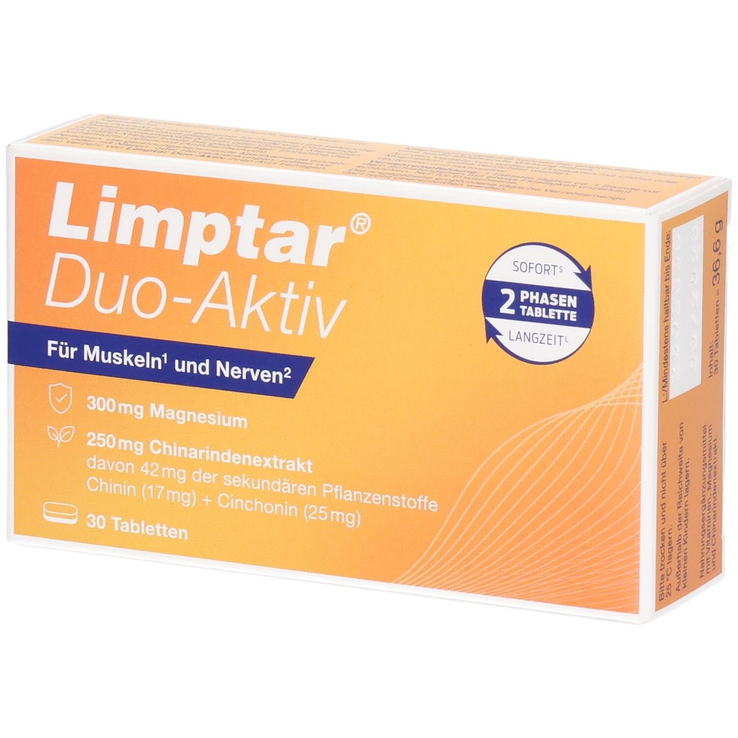 Limptar Duo-Aktiv Packung mit 30 Tabletten, für Muskeln und Nerven, enthält 300mg Magnesium und 250mg Chinrindenextrakt.