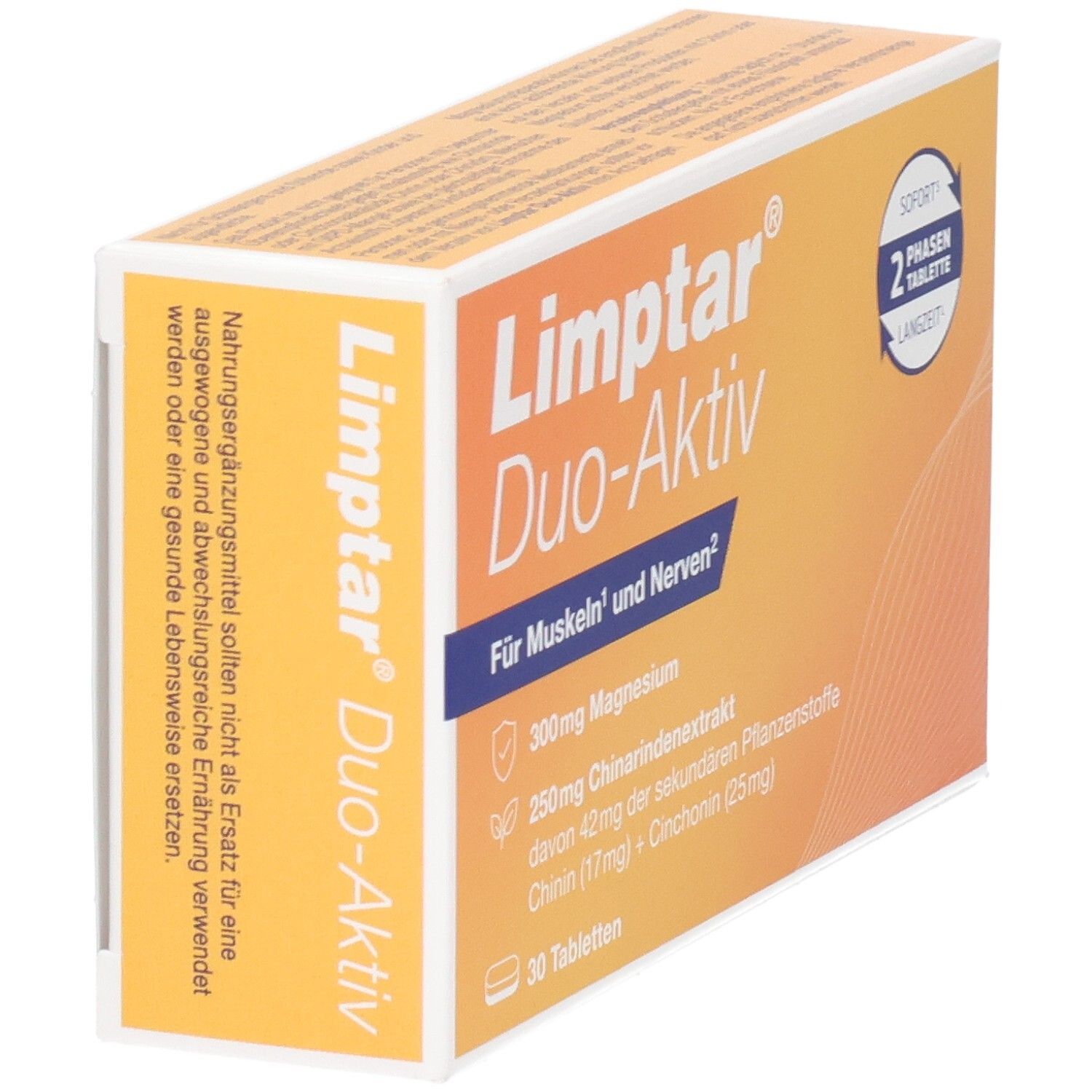 Limptar Duo-Aktiv Packung, Seitenansicht mit Hinweisen zur Anwendung als Nahrungsergänzungsmittel.
