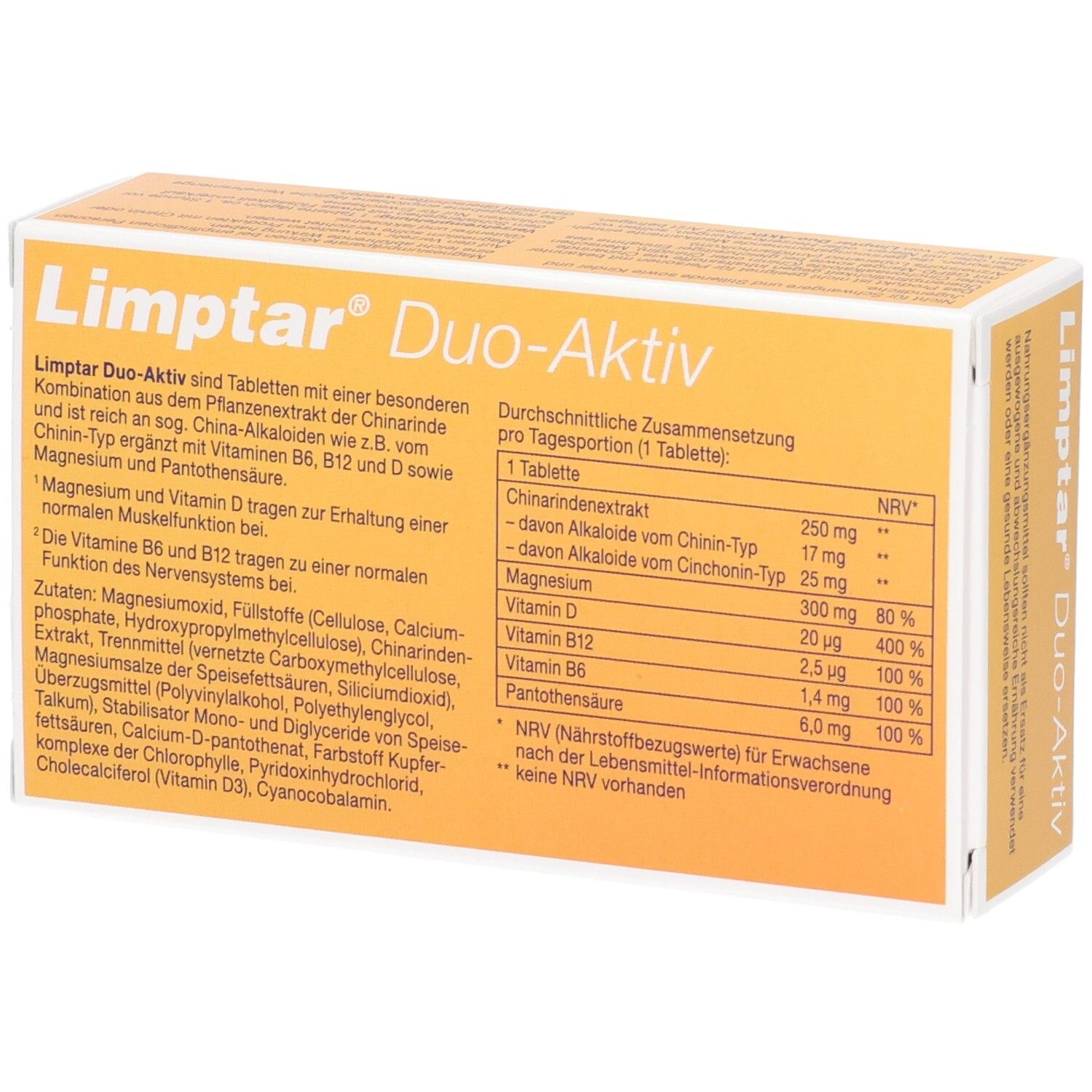 Rückseite der Limptar Duo-Aktiv Packung mit detaillierter Nährwerttabelle und Inhaltsstoffen.