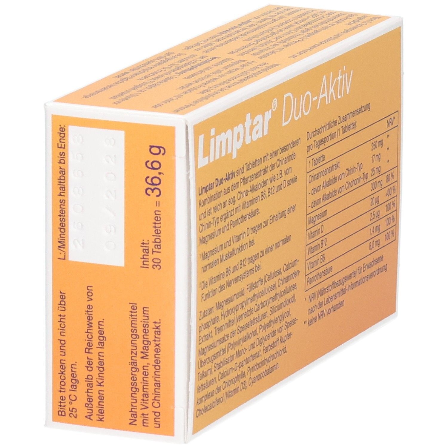 Seite der Limptar Duo-Aktiv Packung mit Haltbarkeitsdatum und Gewicht von 36,6g.
