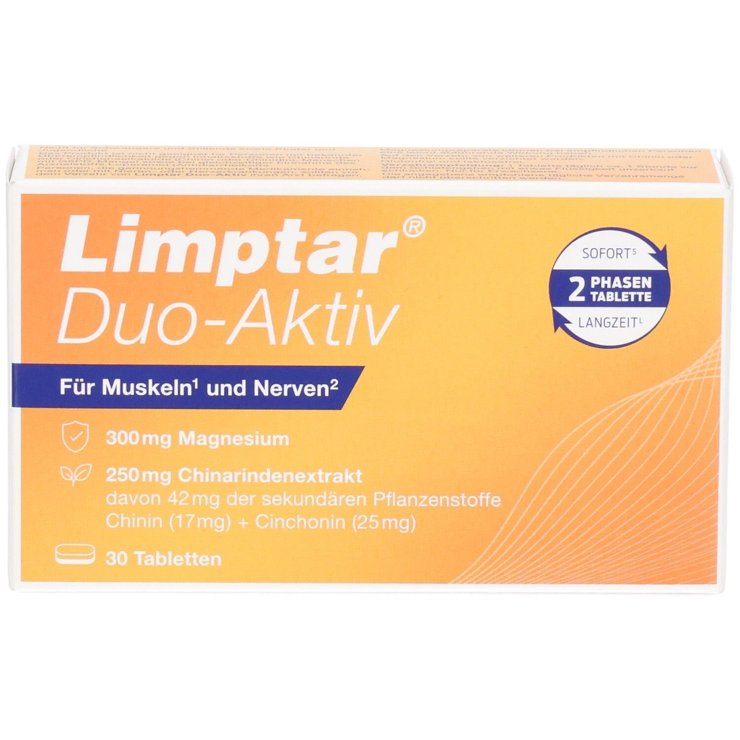 Limptar Duo-Aktiv Packung mit 30 Tabletten, für Muskeln und Nerven, enthält 300mg Magnesium und 250mg Chinrindenextrakt.
