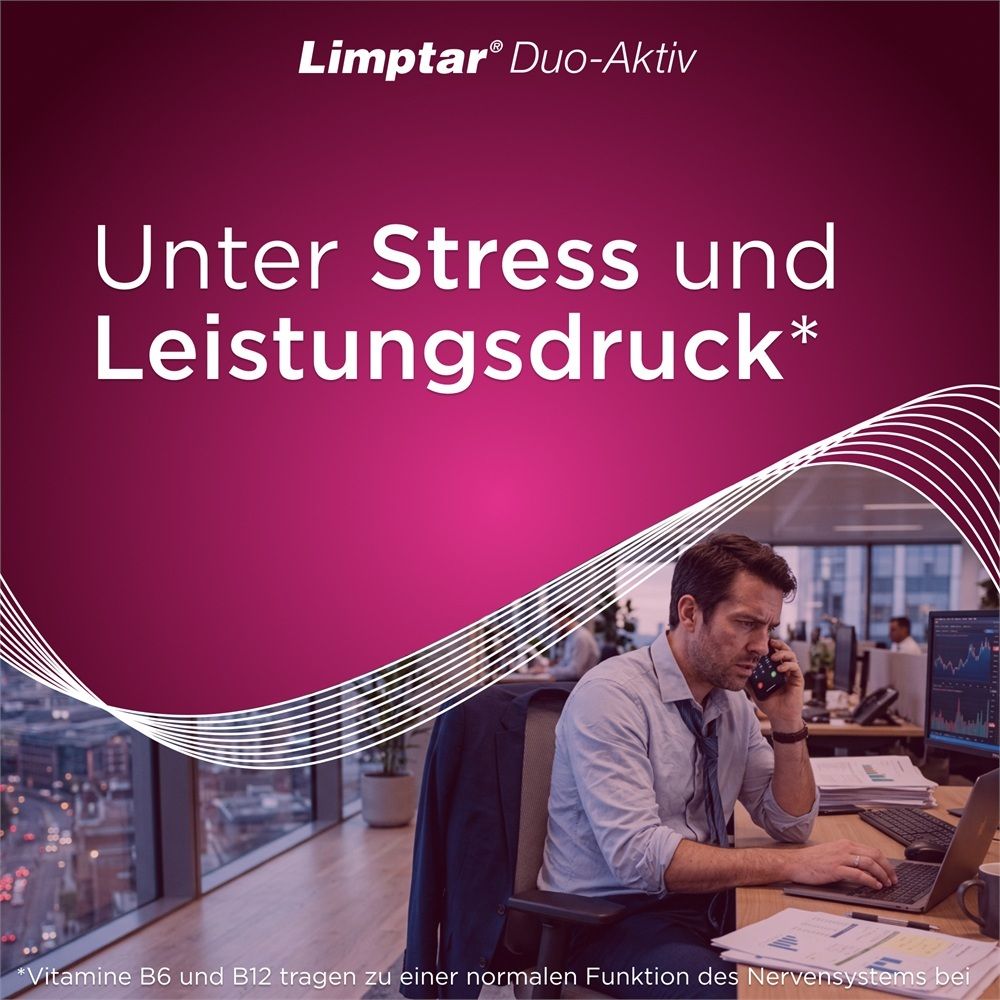 Limptar Duo-Aktiv unter Stress und Leistungsdruck. Mann im Büro am Telefon. Für Nerven.
