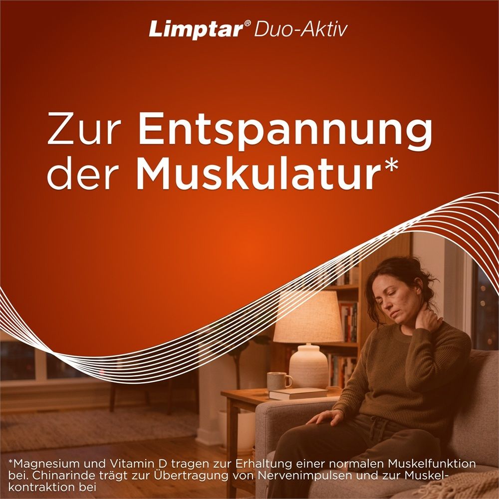 Limptar Duo-Aktiv zur Entspannung der Muskulatur. Frau mit Nackenschmerzen auf einem Sofa.