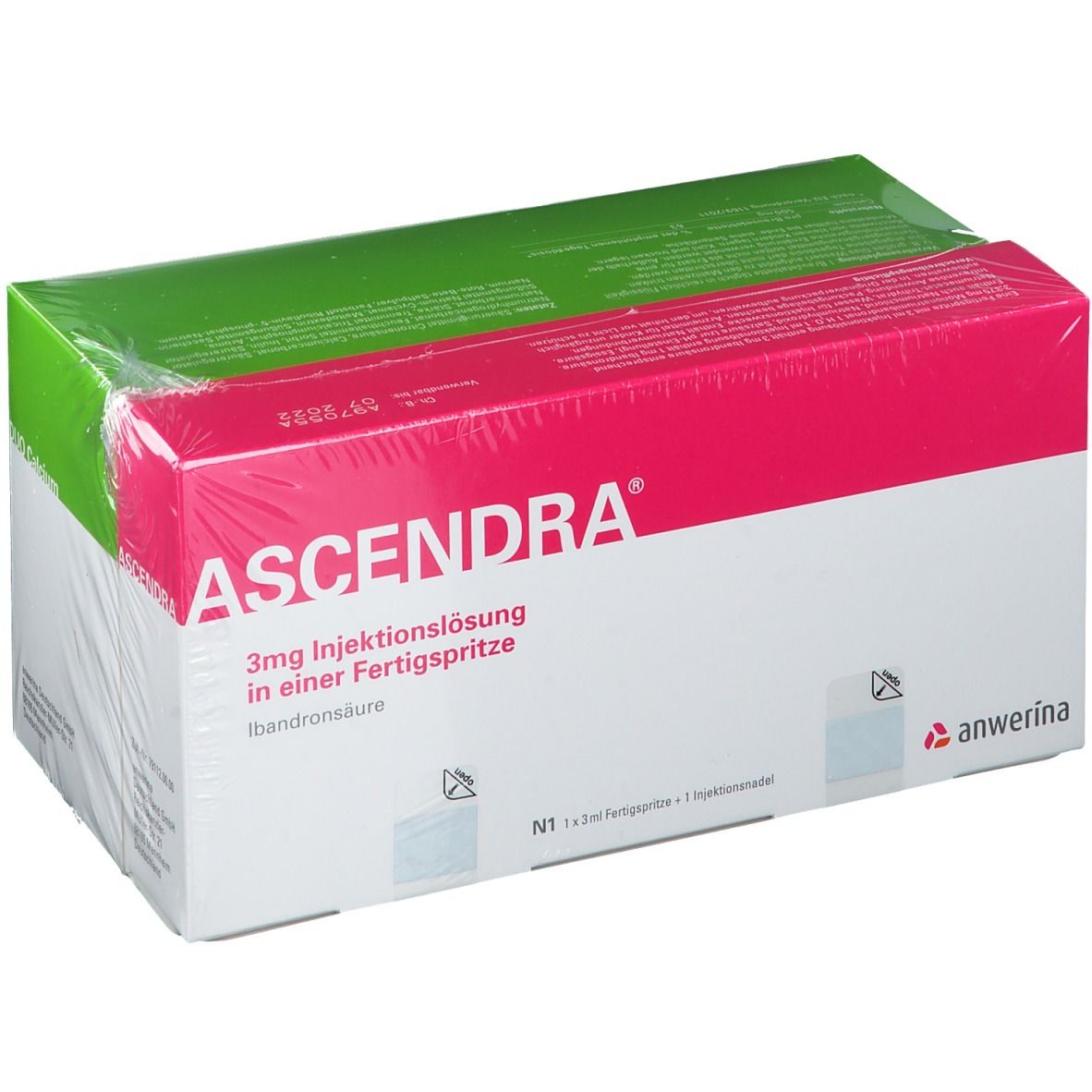 Verpackung von Ascendra 3mg Injektionslösung. Rote und grüne Schachtel mit Produktnamen und Herstellerlogo.
