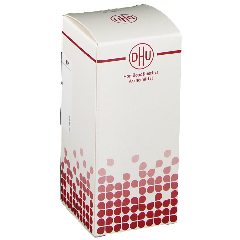 Weiße Faltschachtel mit rotem Muster und DHU-Logo. Beschriftung: Homöopathisches Arzneimittel. Aufdruck mit Chargennummer und Verfallsdatum.