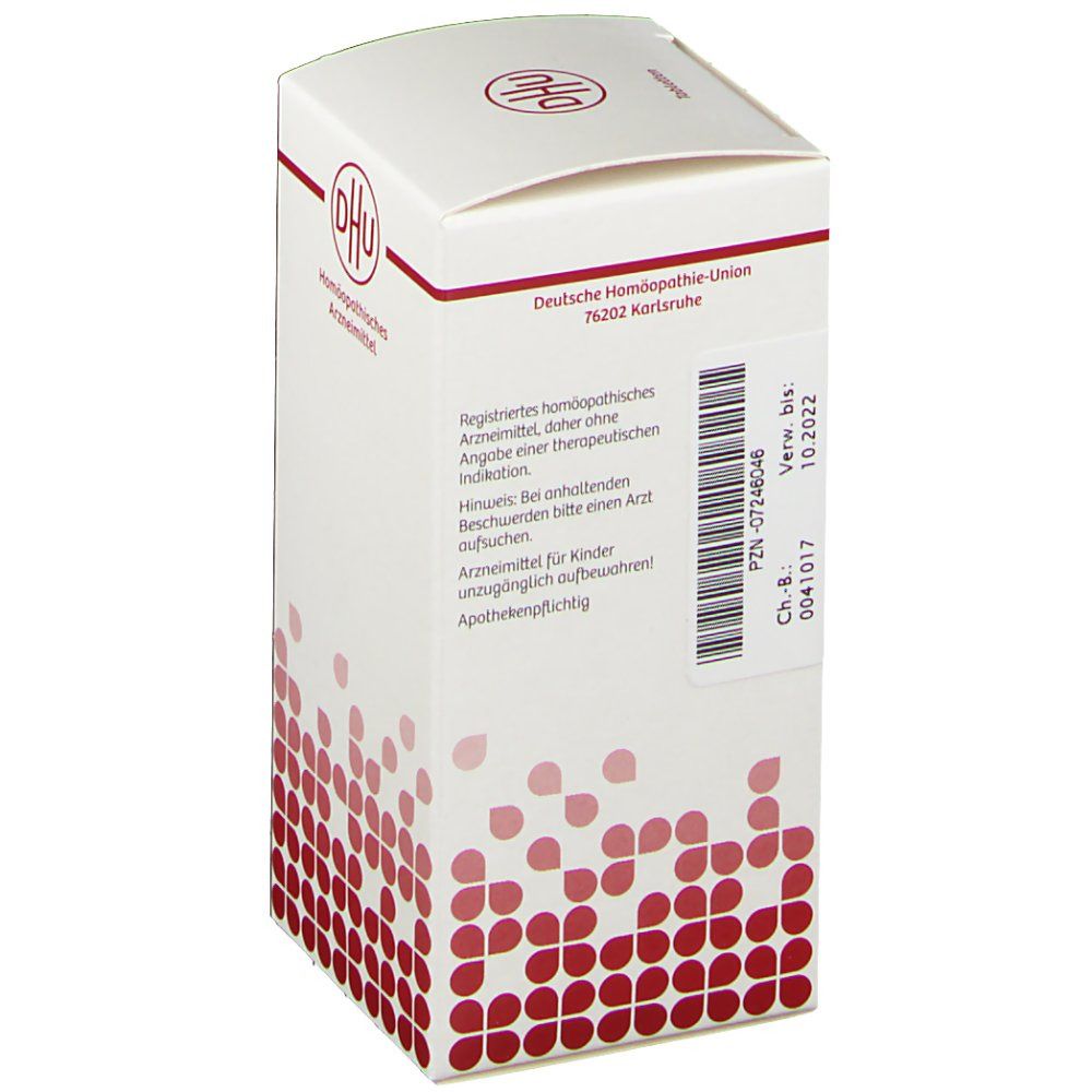 Weiße Faltschachtel mit rotem Muster und DHU-Logo. Rückseite mit Herstelleradresse, Chargennummer und Verfallsdatum. Text: Arzneimittel für Kinder unzugänglich aufbewahren.