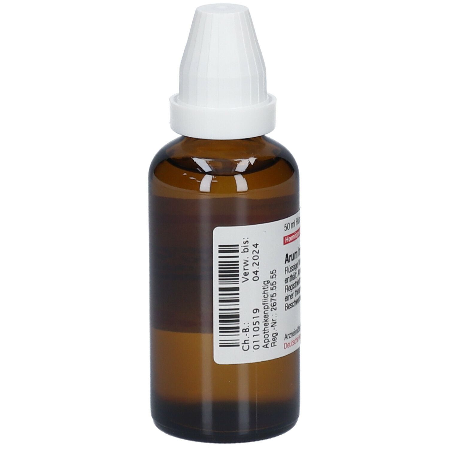 Braune Glasflasche mit weißem Verschluss. Etikett mit Produktinformationen und Chargennummer. Arum triphyllum D6.