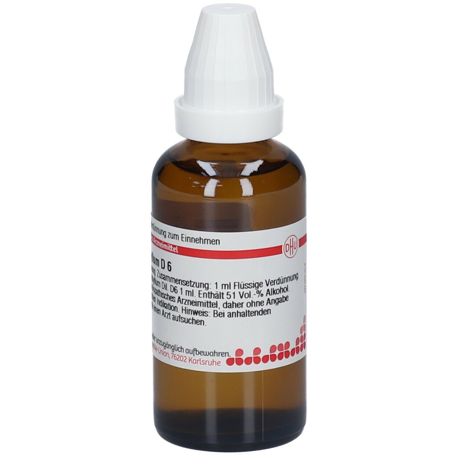 Braune Glasflasche mit weißem Verschluss. Etikett mit Produktinformationen: Arum triphyllum D6. Flüssige Verdünnung.