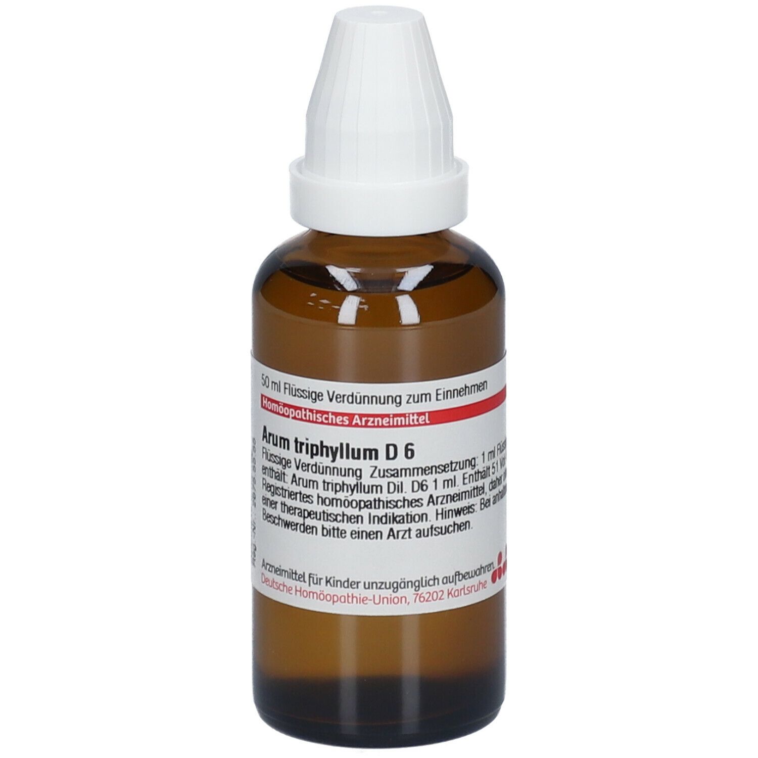 Braune Glasflasche mit weißem Verschluss. Etikett mit Produktinformationen: Arum triphyllum D6. Flüssige Verdünnung.