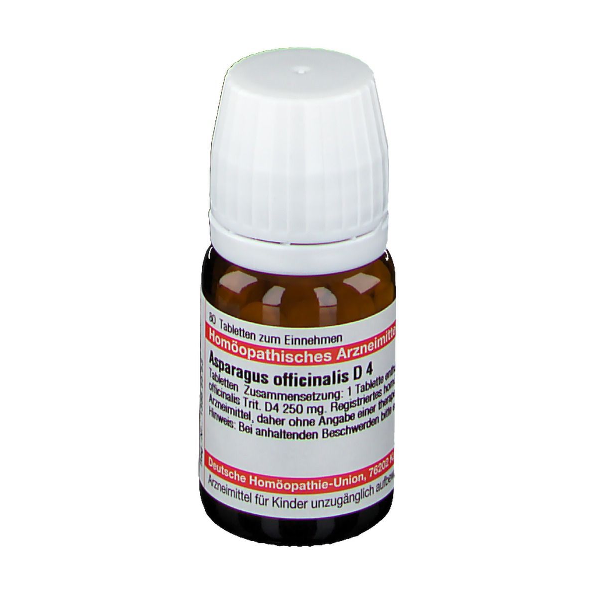 Braune Glasflasche mit weißem Deckel. Etikett mit Produktinformationen: Asparagus officinalis D4, DHU.