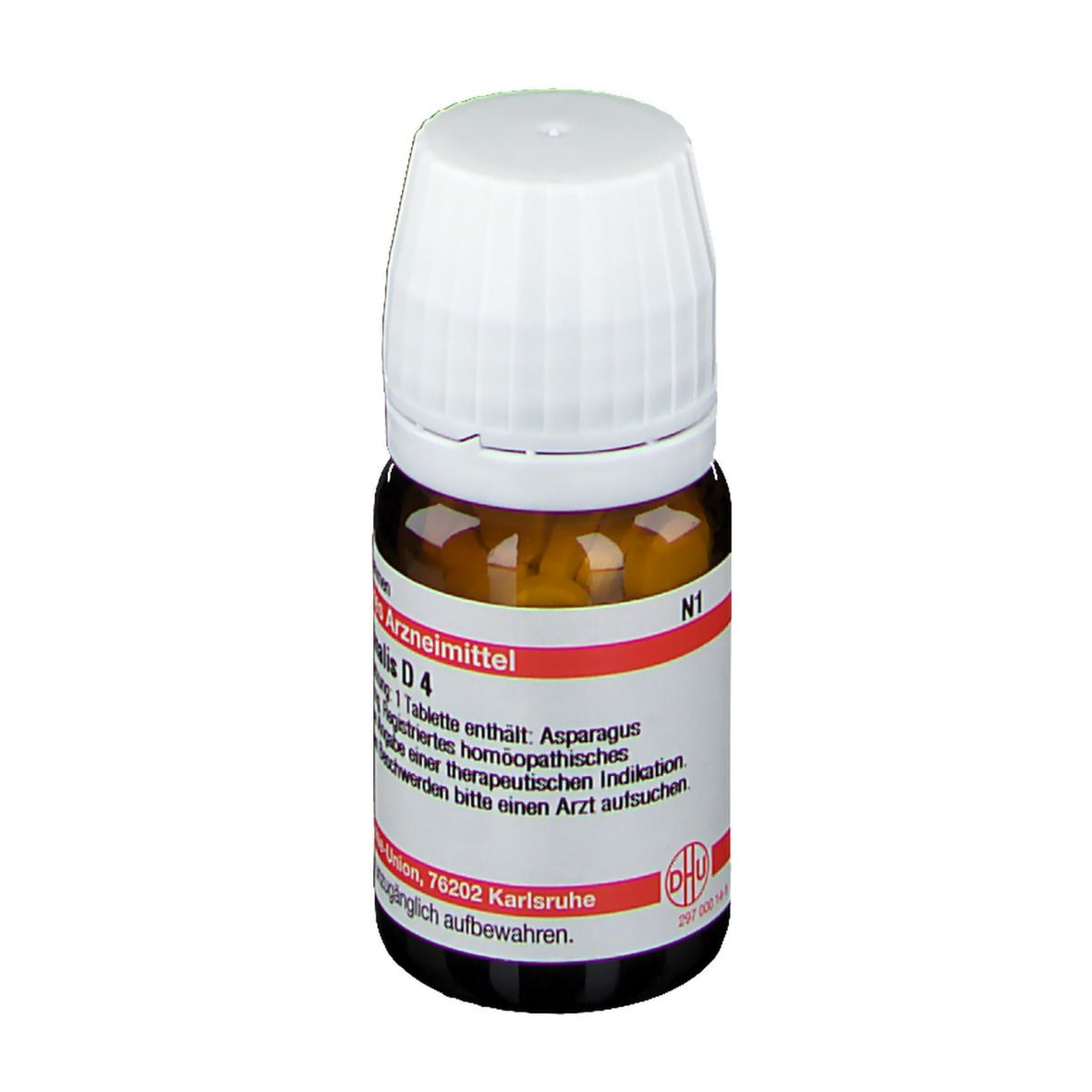 Braune Glasflasche mit weißem Deckel. Etikett mit Produktinformationen: Asparagus officinalis D4, DHU, N1.
