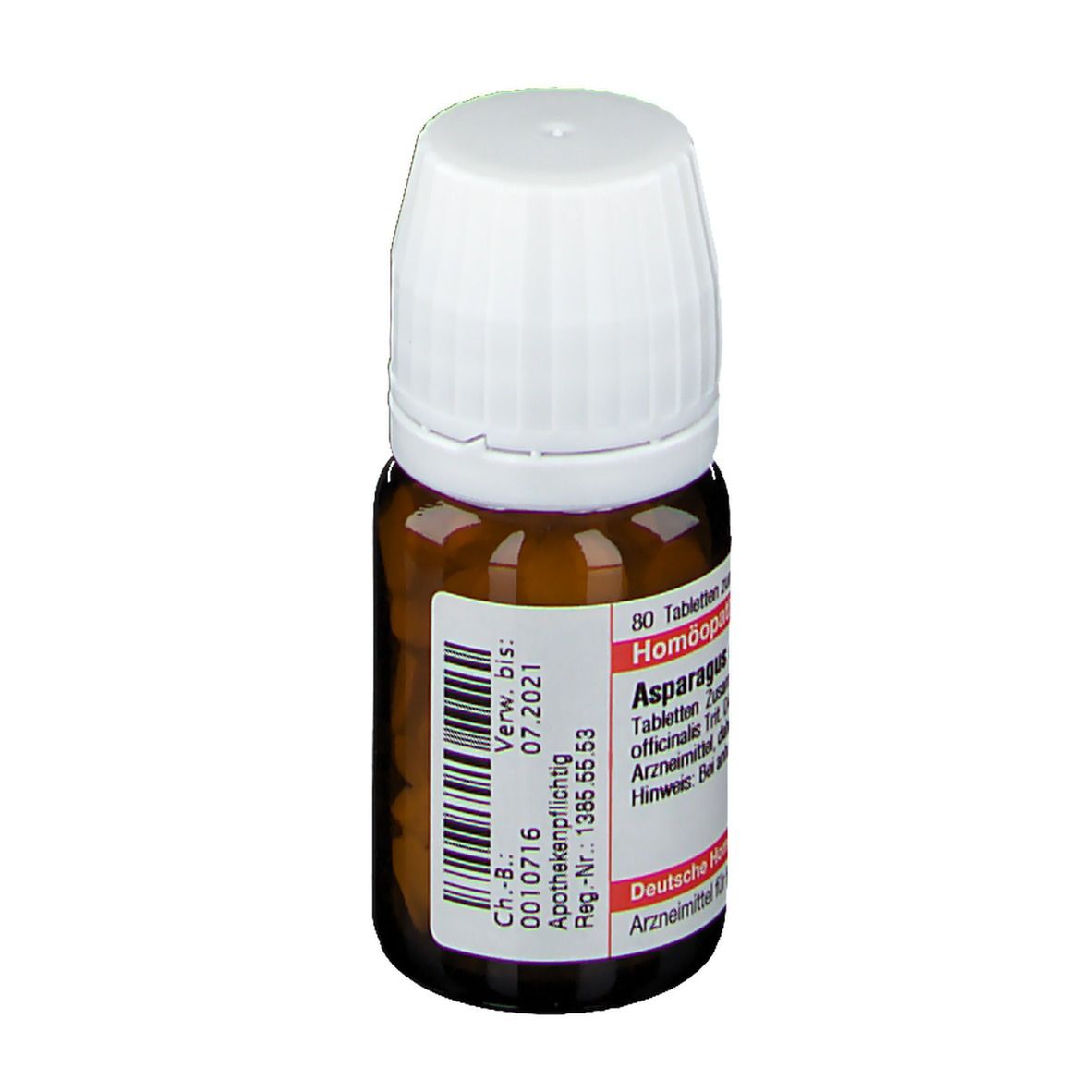 Braune Glasflasche mit weißem Deckel. Etikett mit Produktinformationen: Asparagus officinalis D4, DHU, Apothekenpflichtig.