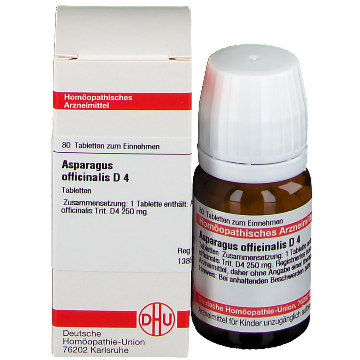 Produktverpackung und Flasche. Verpackung mit Produktinformationen: Asparagus officinalis D4, DHU, 80 Tabletten.