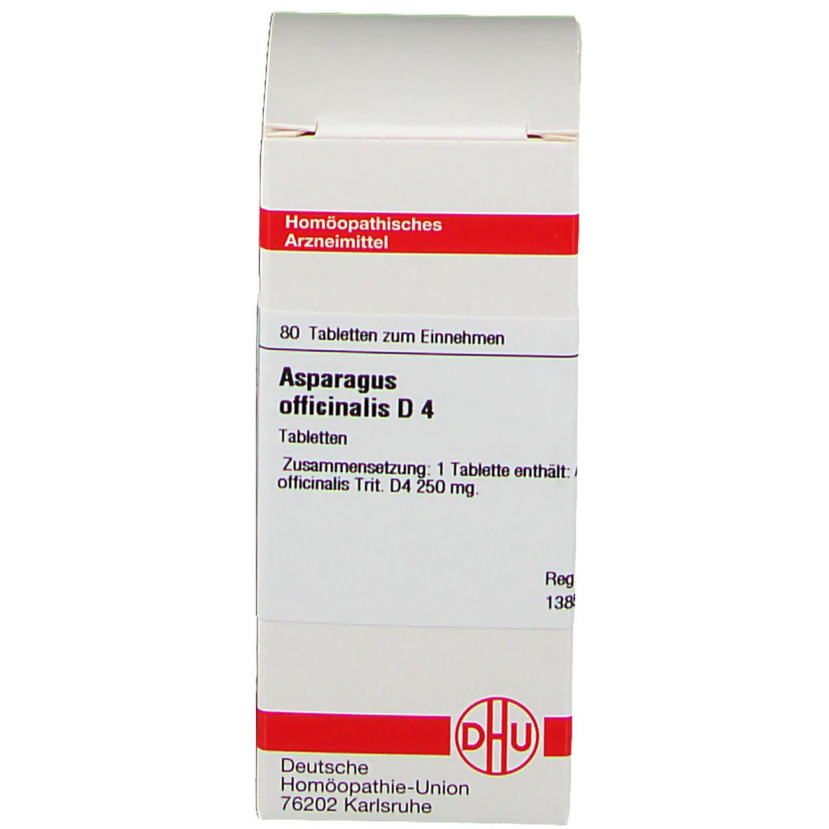 Produktverpackung. Verpackung mit Produktinformationen: Asparagus officinalis D4, DHU, 80 Tabletten.