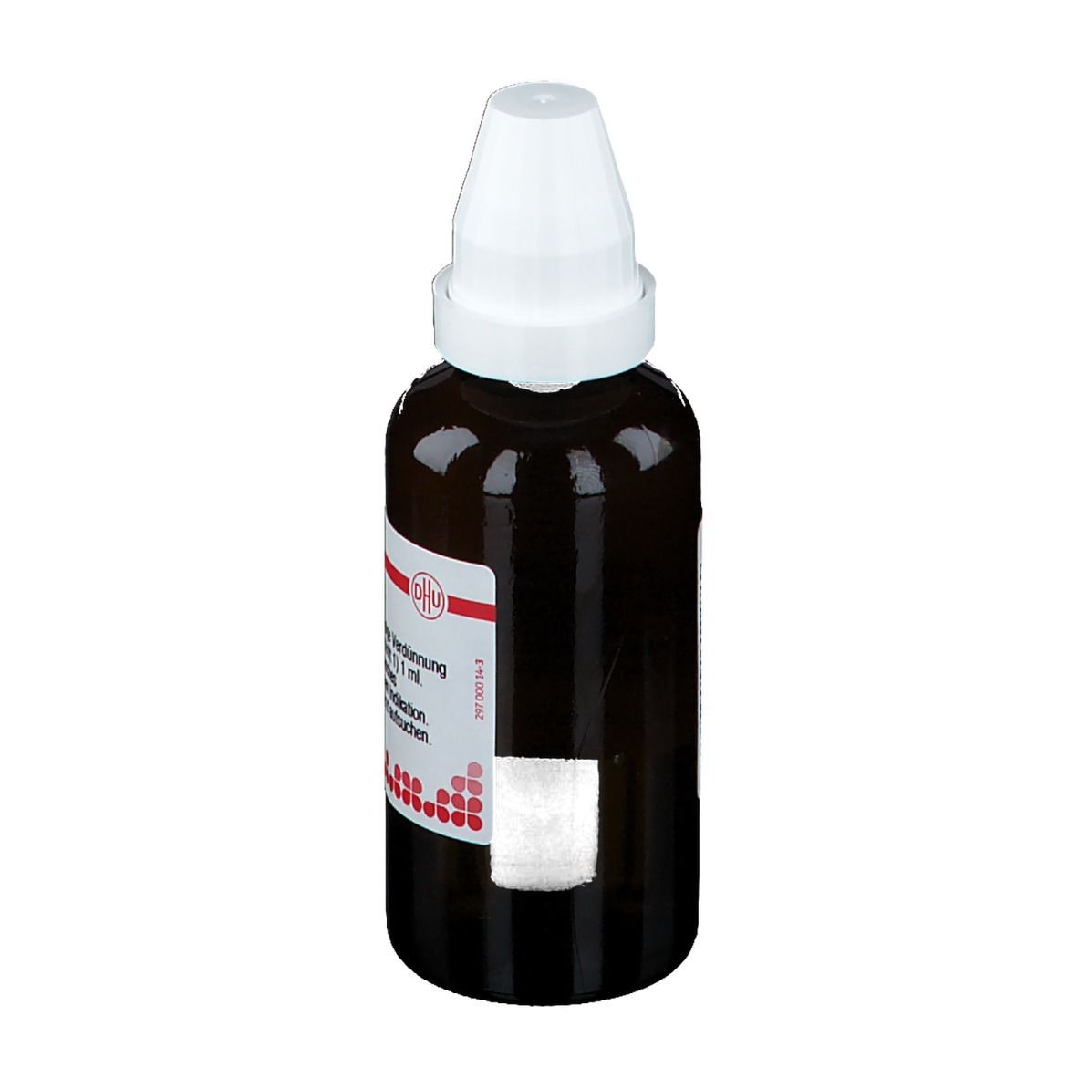 Braune Glasflasche mit weißem Verschluss. Etikett mit Produktinformationen. Barcode und Produktname: Betula alba D1. Deutsche Homöopathie-Union.