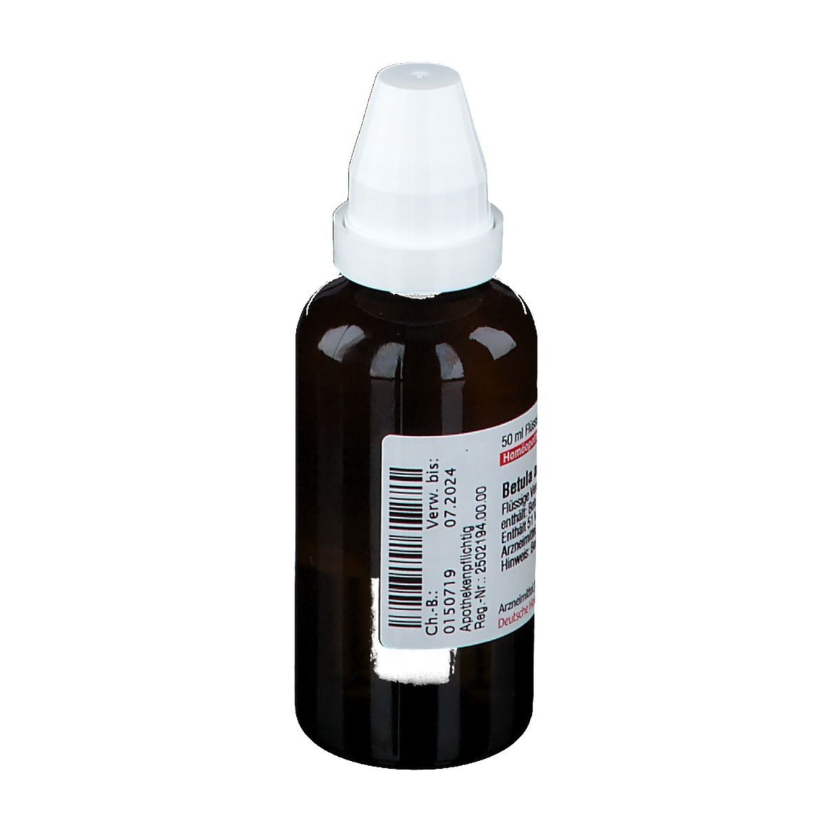 Braune Glasflasche mit weißem Verschluss. Etikett mit Produktinformationen. Verfallsdatum 07.2024. Produktname: Betula alba D1. DHU.