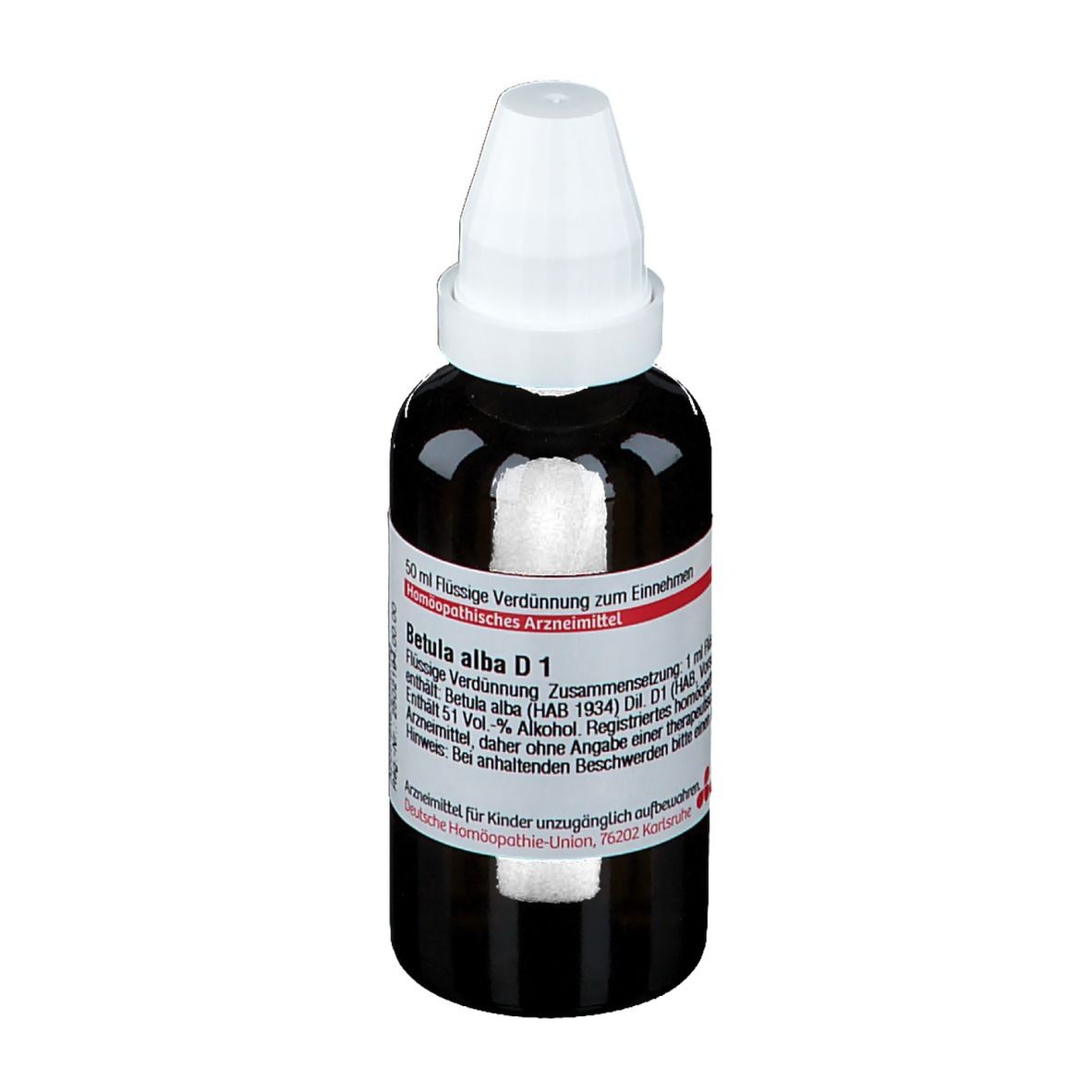 Braune Glasflasche mit weißem Verschluss. Etikett mit Produktinformationen: Betula alba D1, 50 ml. Deutsche Homöopathie-Union.