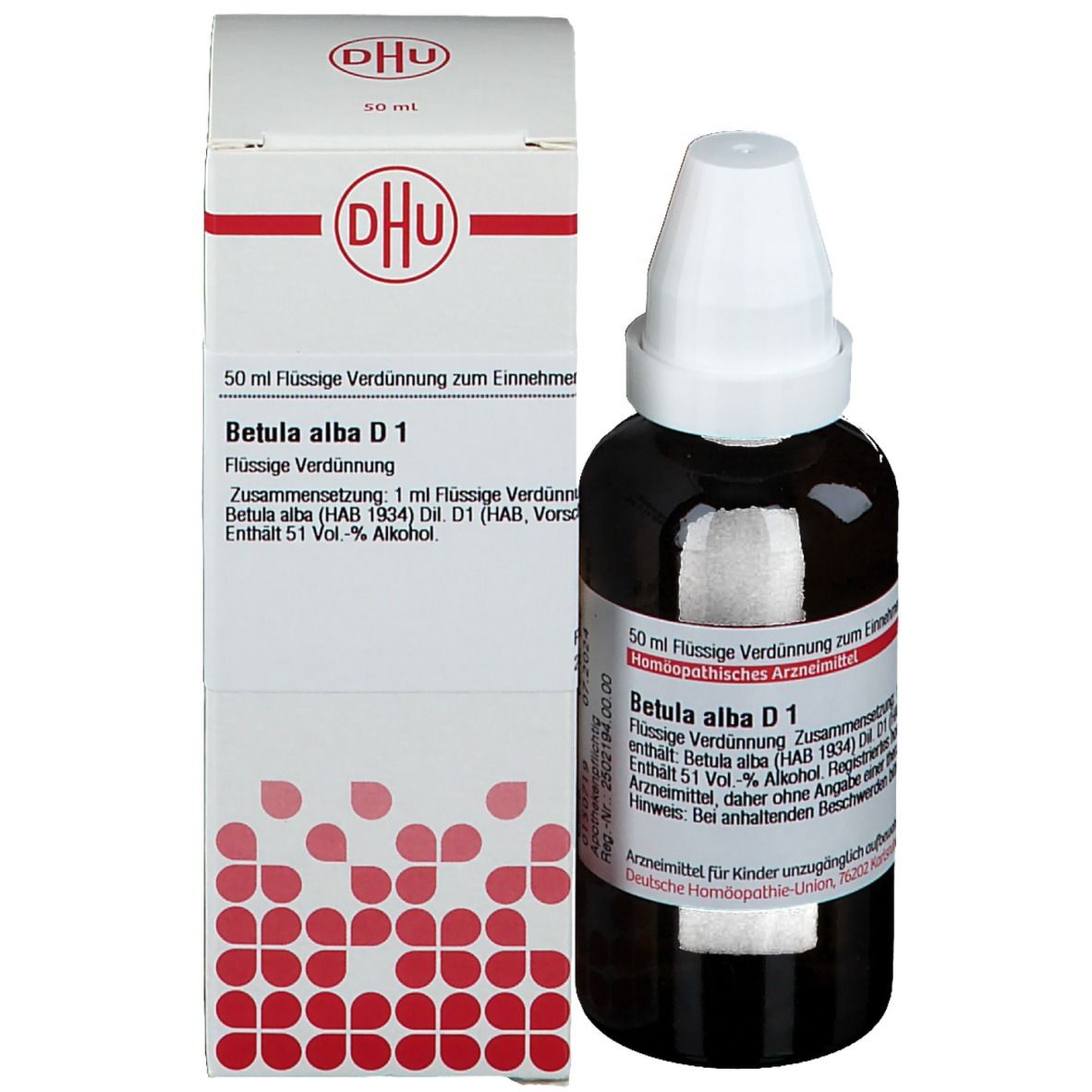 Produktverpackung mit Flasche und Karton. Auf dem Karton steht: DHU, Betula alba D1, 50 ml. Flasche mit weißem Verschluss.