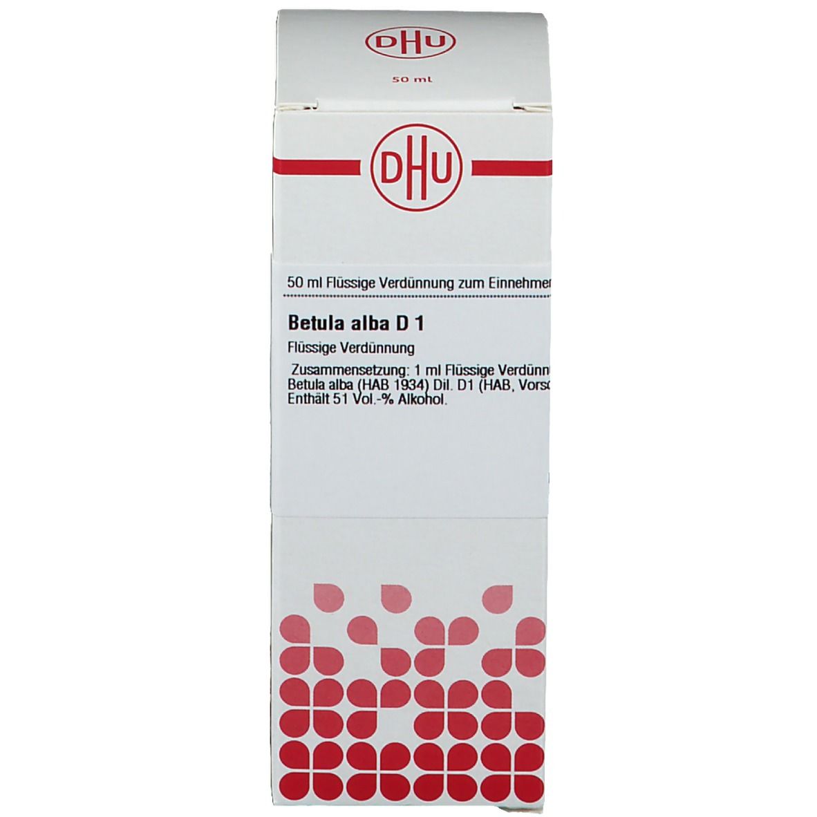 Produktverpackung, Karton mit DHU-Logo und Produktinformationen: Betula alba D1, 50 ml. Rote Muster auf weißem Hintergrund.