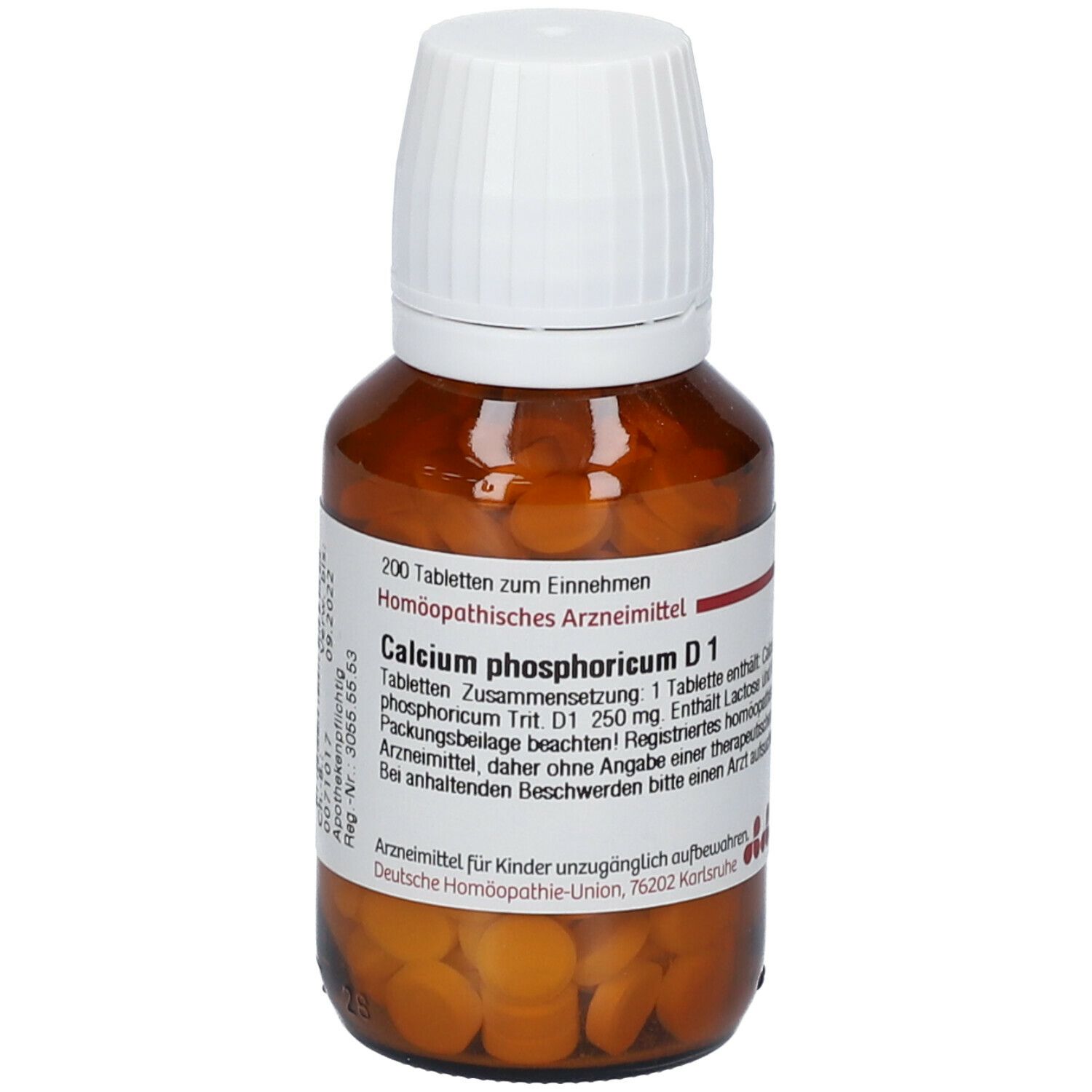 Braune Glasflasche mit weißen Deckel. Etikett mit Produktinformationen: DHU Calcium phosphoricum D1, 200 Tabletten.
