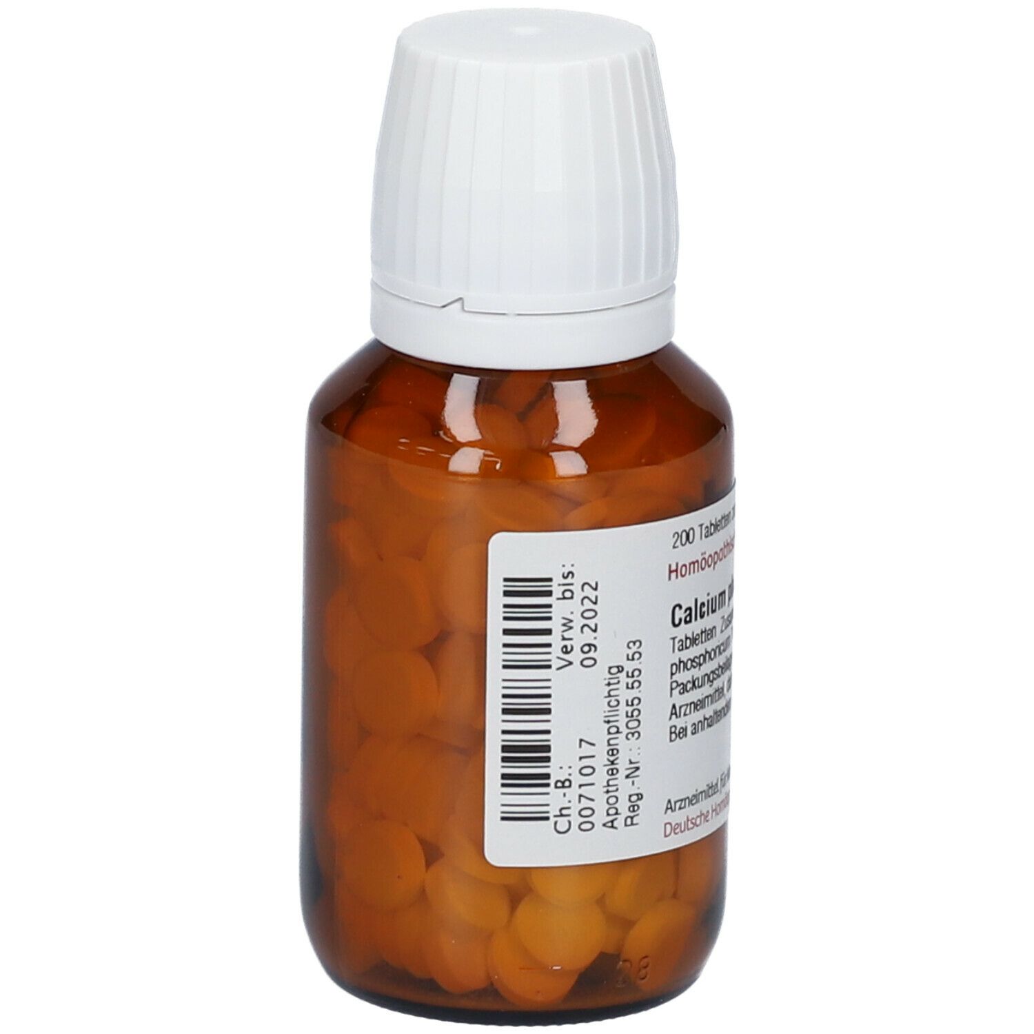 Braune Glasflasche mit weißem Deckel. Etikett mit Produktinformationen und Barcode. Enthält Tabletten.