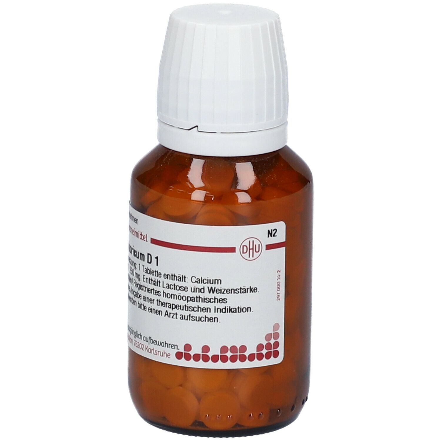 Braune Glasflasche mit weißem Deckel. Etikett mit Produktinformationen: DHU Calcium phosphoricum D1. Tabletten sichtbar.