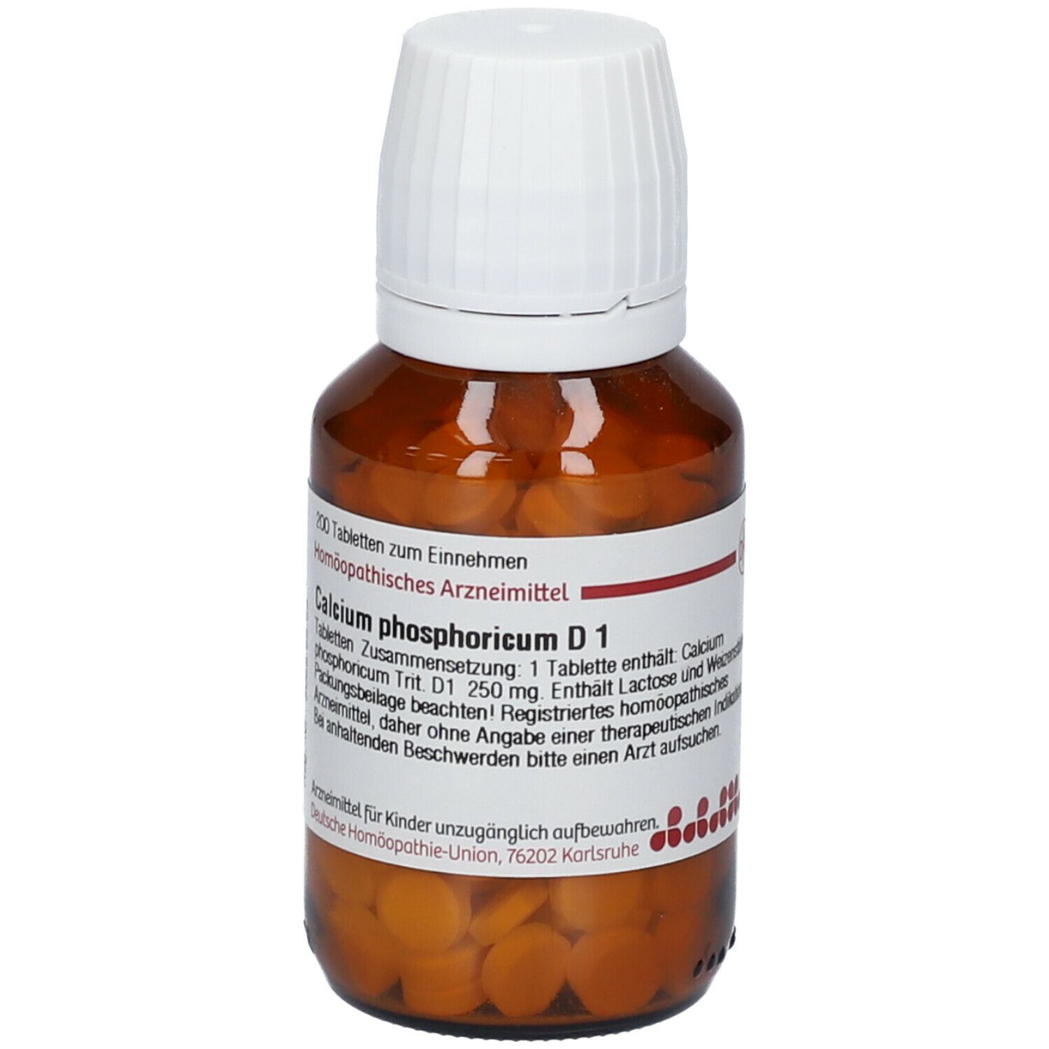 Braune Glasflasche mit weißem Deckel. Etikett mit Produktinformationen: DHU Calcium phosphoricum D1, 200 Tabletten.