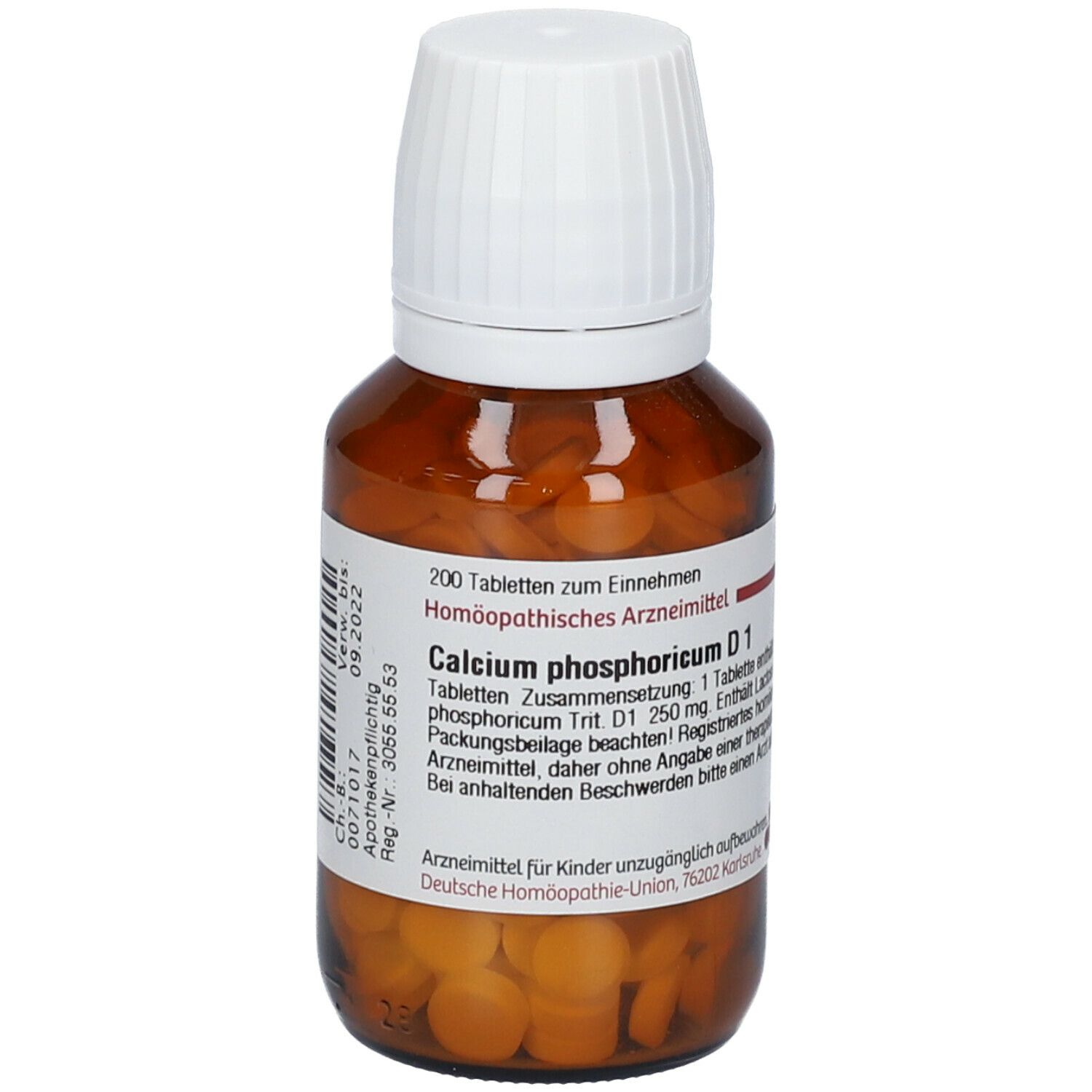 Braune Glasflasche mit weißem Deckel. Etikett mit Produktinformationen: DHU Calcium phosphoricum D1, 200 Tabletten.