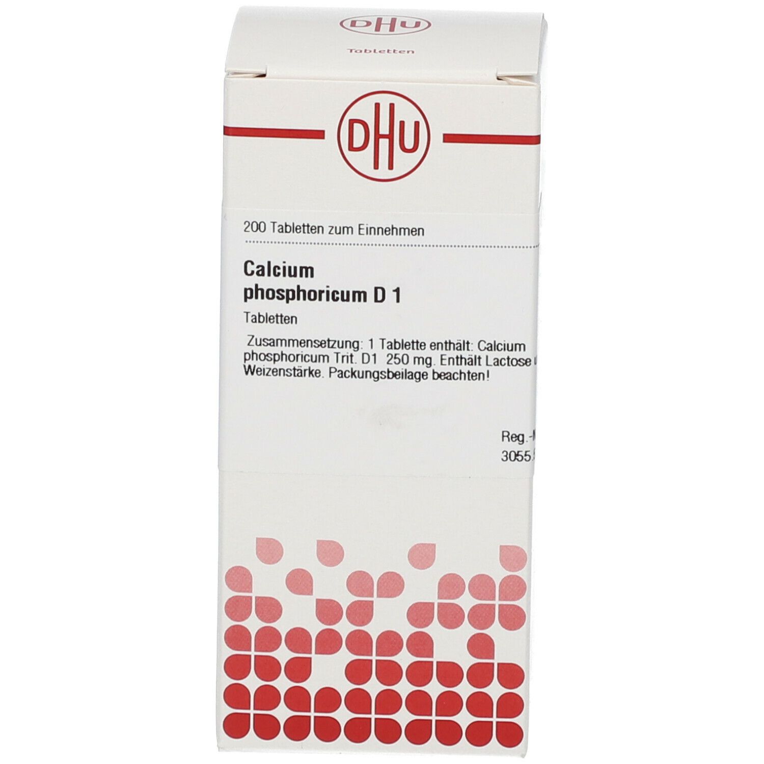 Weiße Schachtel mit rotem Logo und Aufschrift: DHU Calcium phosphoricum D1, 200 Tabletten. Produktinformationen.