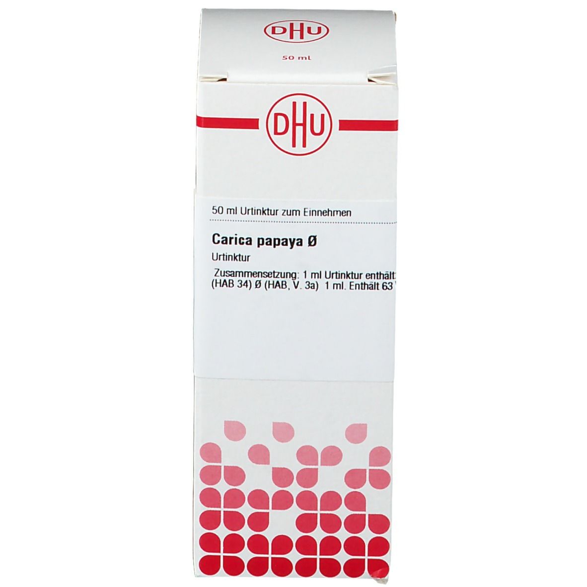 Weiße Schachtel mit rotem Logo und Produktinformationen. Tropfflasche mit brauner Flüssigkeit.