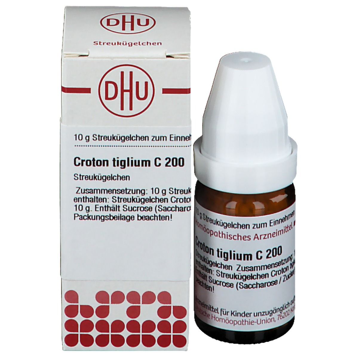 Produktverpackung mit Flasche. Beschriftung: DHU, Croton tiglium C 200. Enthält Streukügelchen. Deutsche Homöopathie-Union.