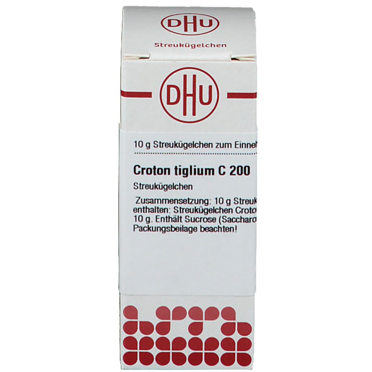 Produktverpackung. Beschriftung: DHU, Croton tiglium C 200. Enthält Streukügelchen. Deutsche Homöopathie-Union.