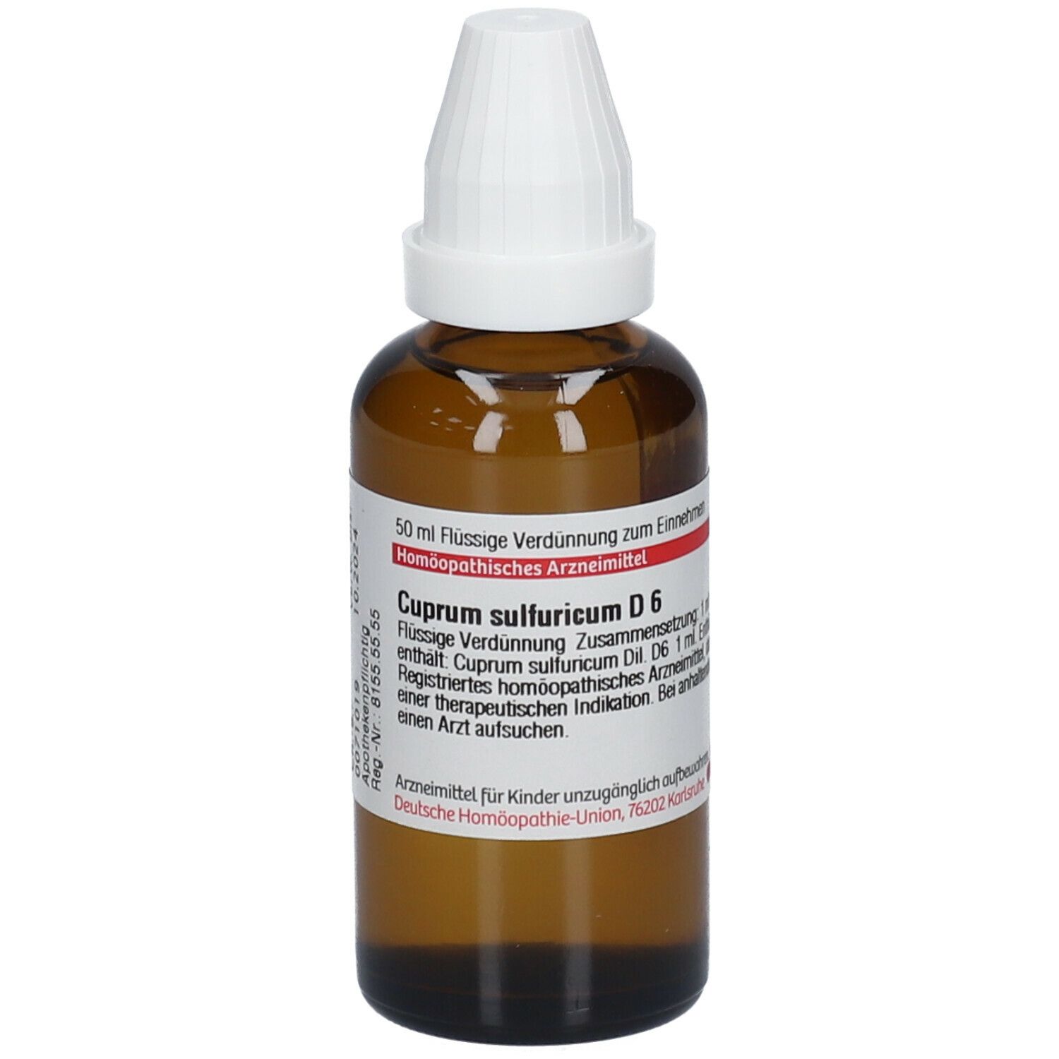 Braune Glasflasche mit weißem Schraubverschluss. Etikett mit Produktnamen und Informationen. Flüssigkeit. Homöopathisches Arzneimittel.