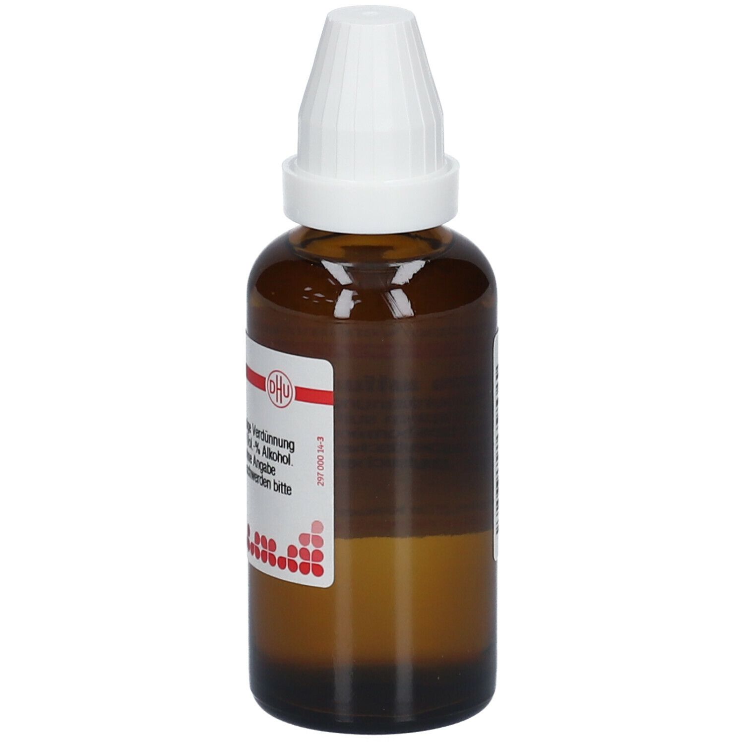 Braune Glasflasche mit weißem Schraubverschluss. Etikett mit Produktinformationen und DHU-Logo. Flüssigkeit. Homöopathisches Arzneimittel.