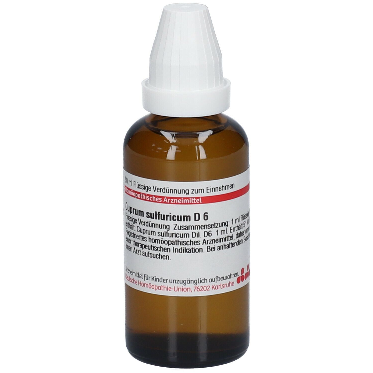 Braune Glasflasche mit weißem Schraubverschluss. Etikett mit Produktnamen und Informationen. Flüssigkeit. Homöopathisches Arzneimittel.