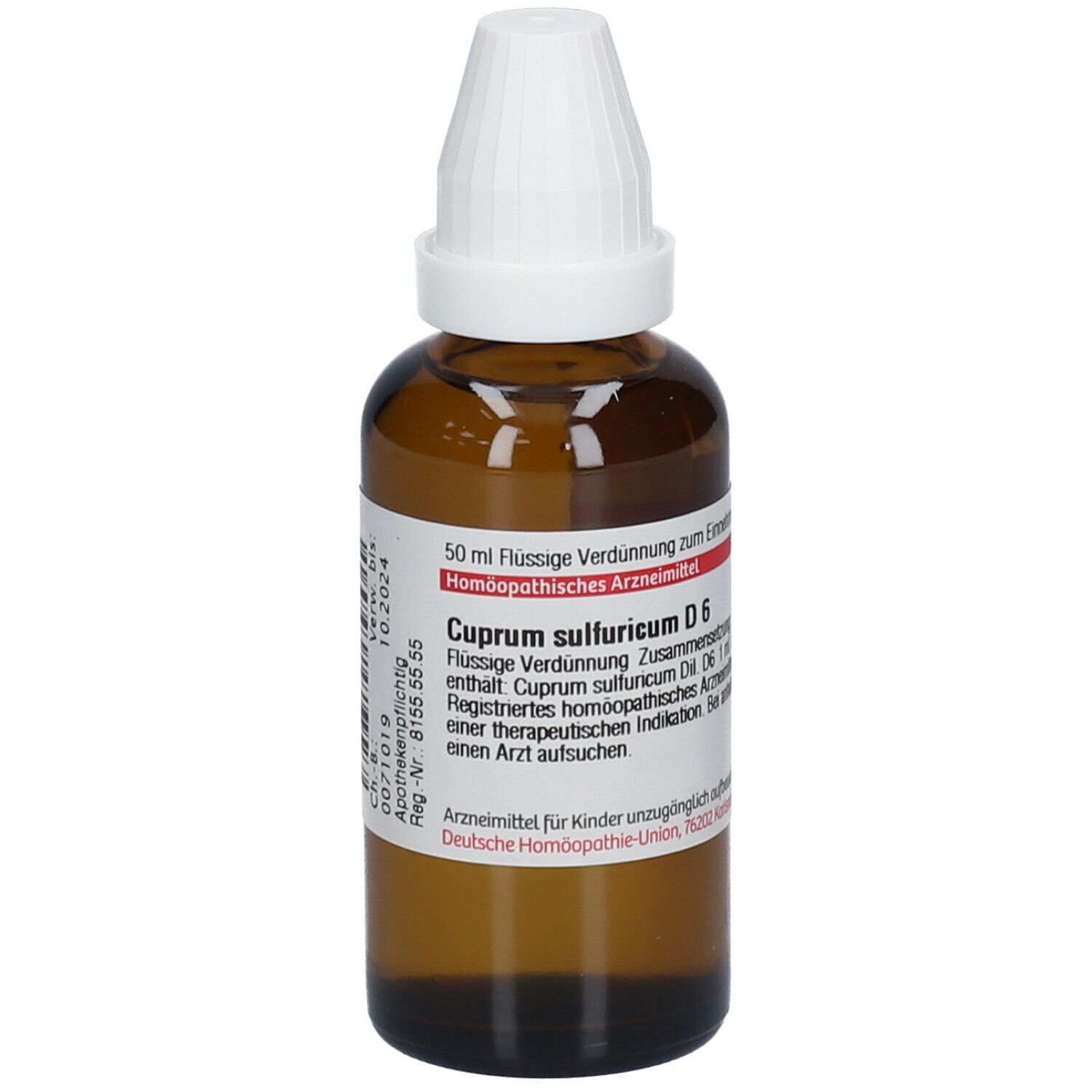 Braune Glasflasche mit weißem Schraubverschluss. Etikett mit Produktnamen und Informationen. Flüssigkeit. Homöopathisches Arzneimittel.