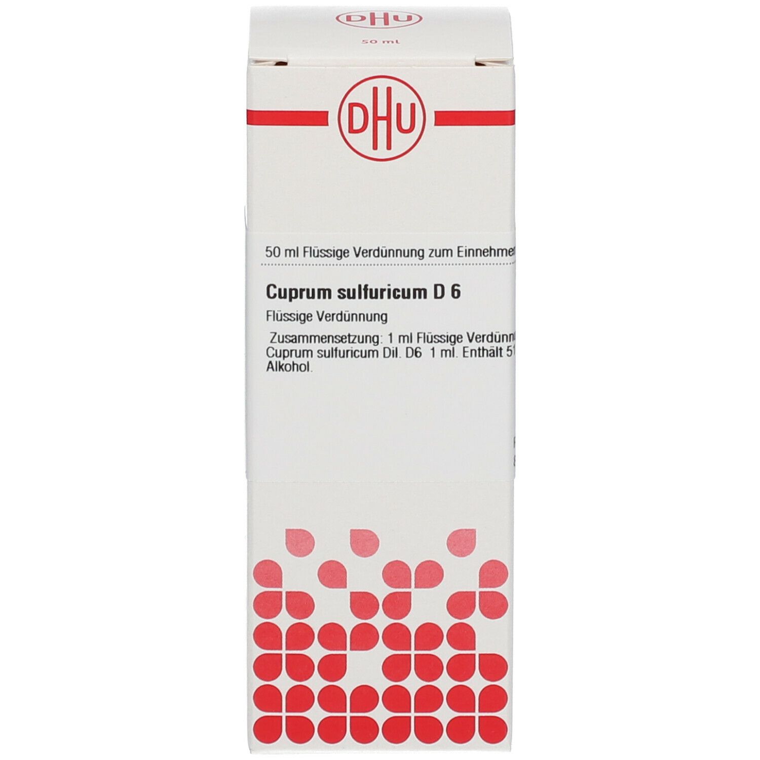 Weiße Produktverpackung mit DHU-Logo und Produktinformationen. Rote grafische Elemente. Homöopathisches Arzneimittel.